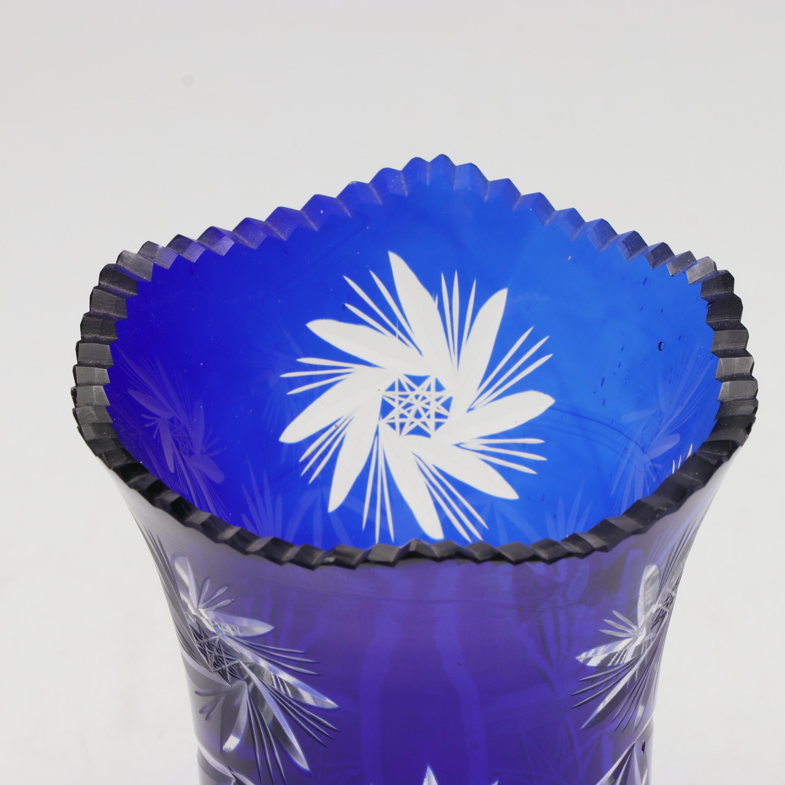 Bohemian Style Cobalt Cut to Clear Crystal Vase and Lidded Box