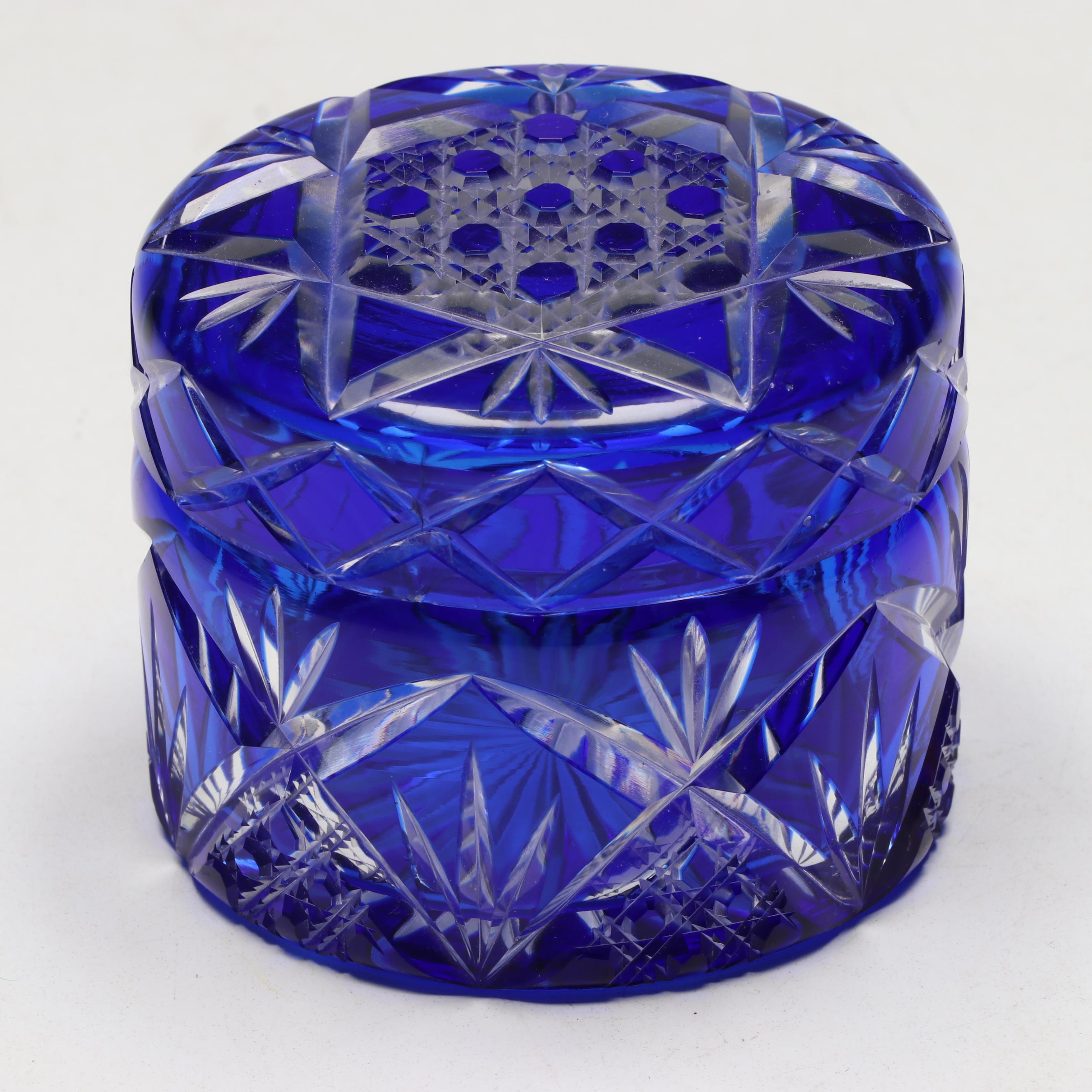 Bohemian Style Cobalt Cut to Clear Crystal Vase and Lidded Box