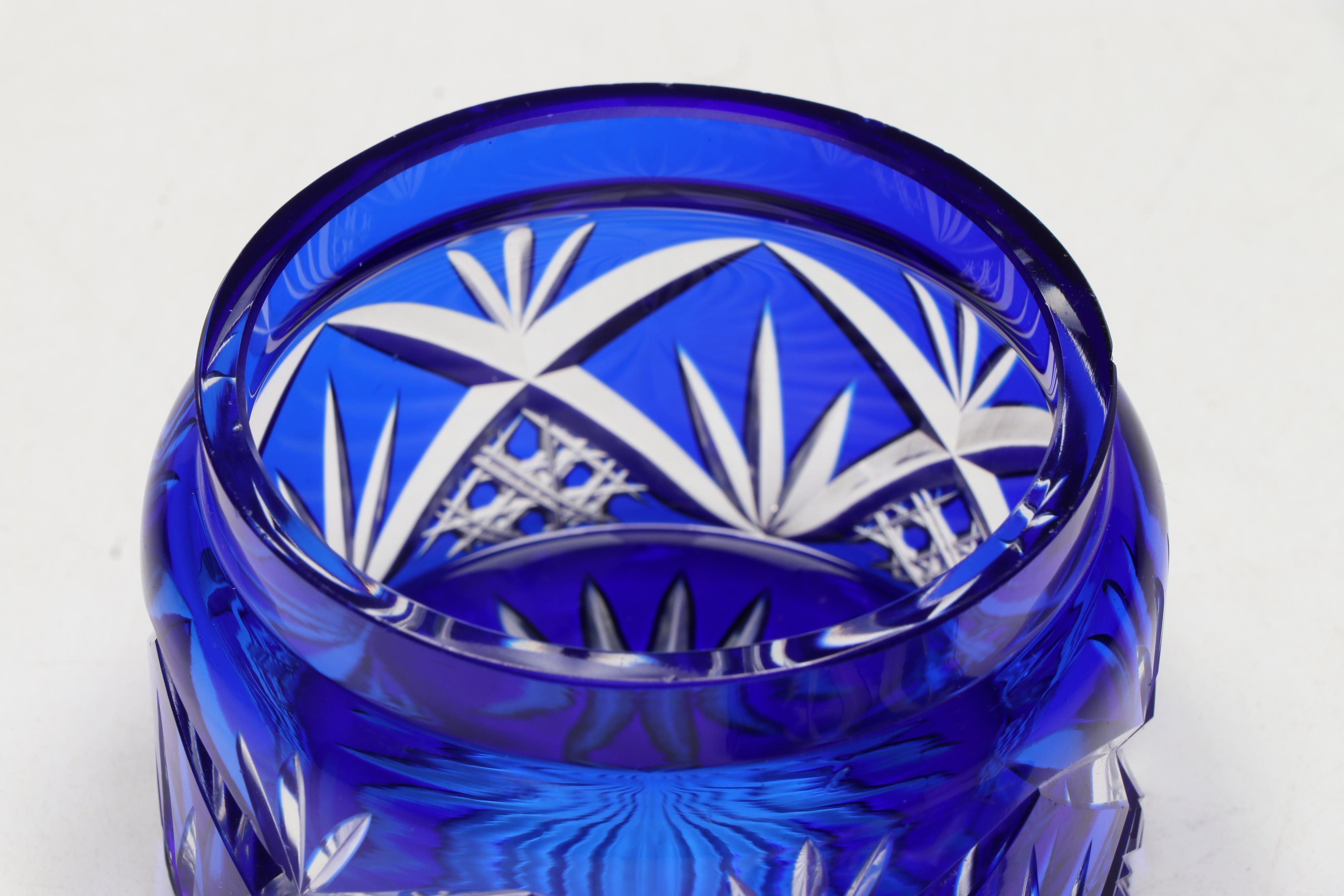 Bohemian Style Cobalt Cut to Clear Crystal Vase and Lidded Box