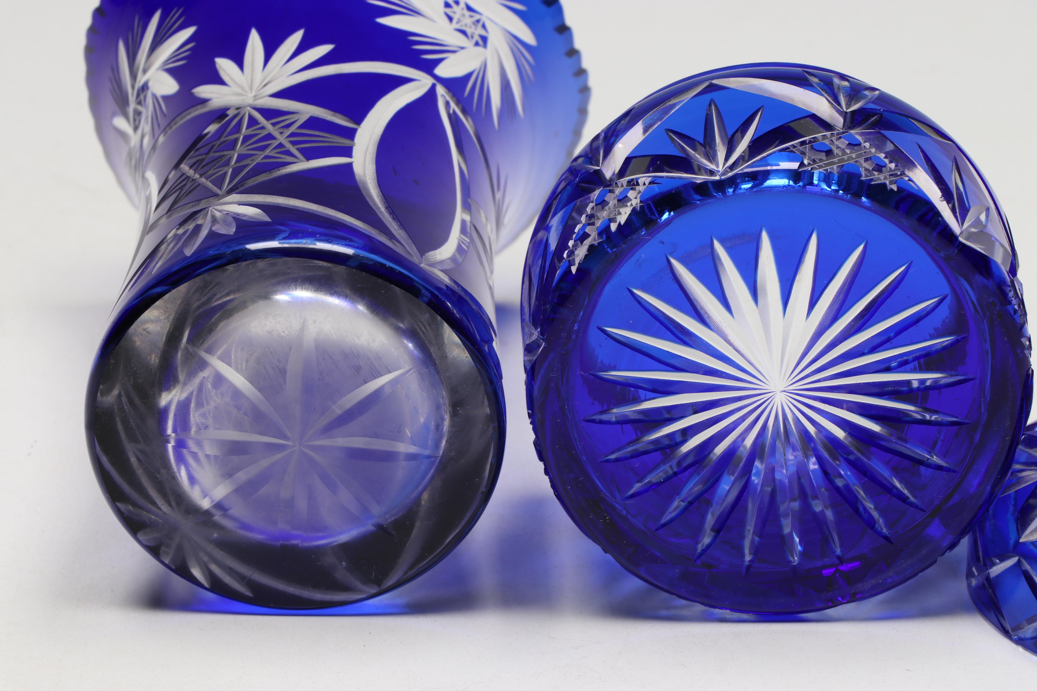 Bohemian Style Cobalt Cut to Clear Crystal Vase and Lidded Box