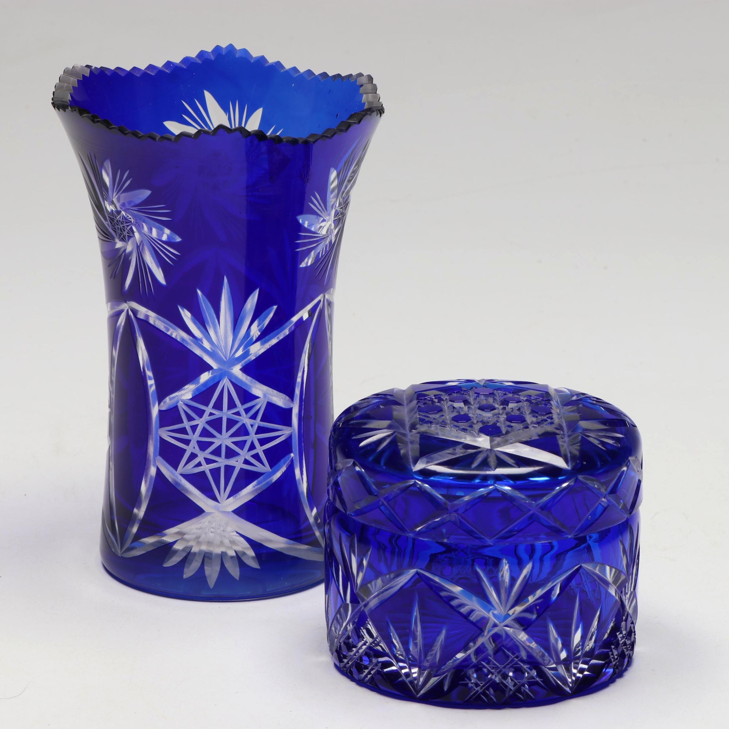 Bohemian Style Cobalt Cut to Clear Crystal Vase and Lidded Box