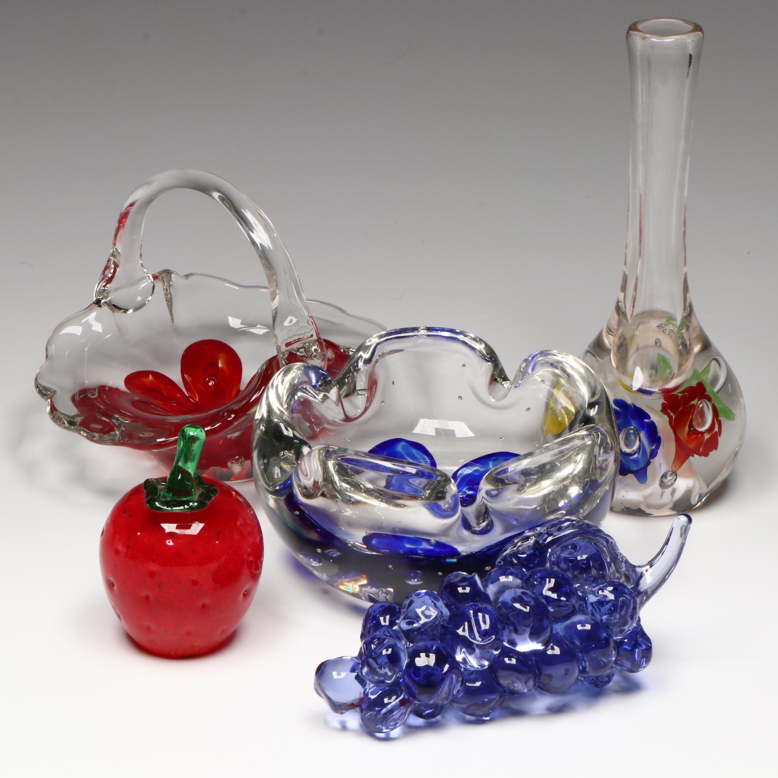 Zimmerman Handblown Glass Decorative Bowls with Fruit Figures and Bud Vase