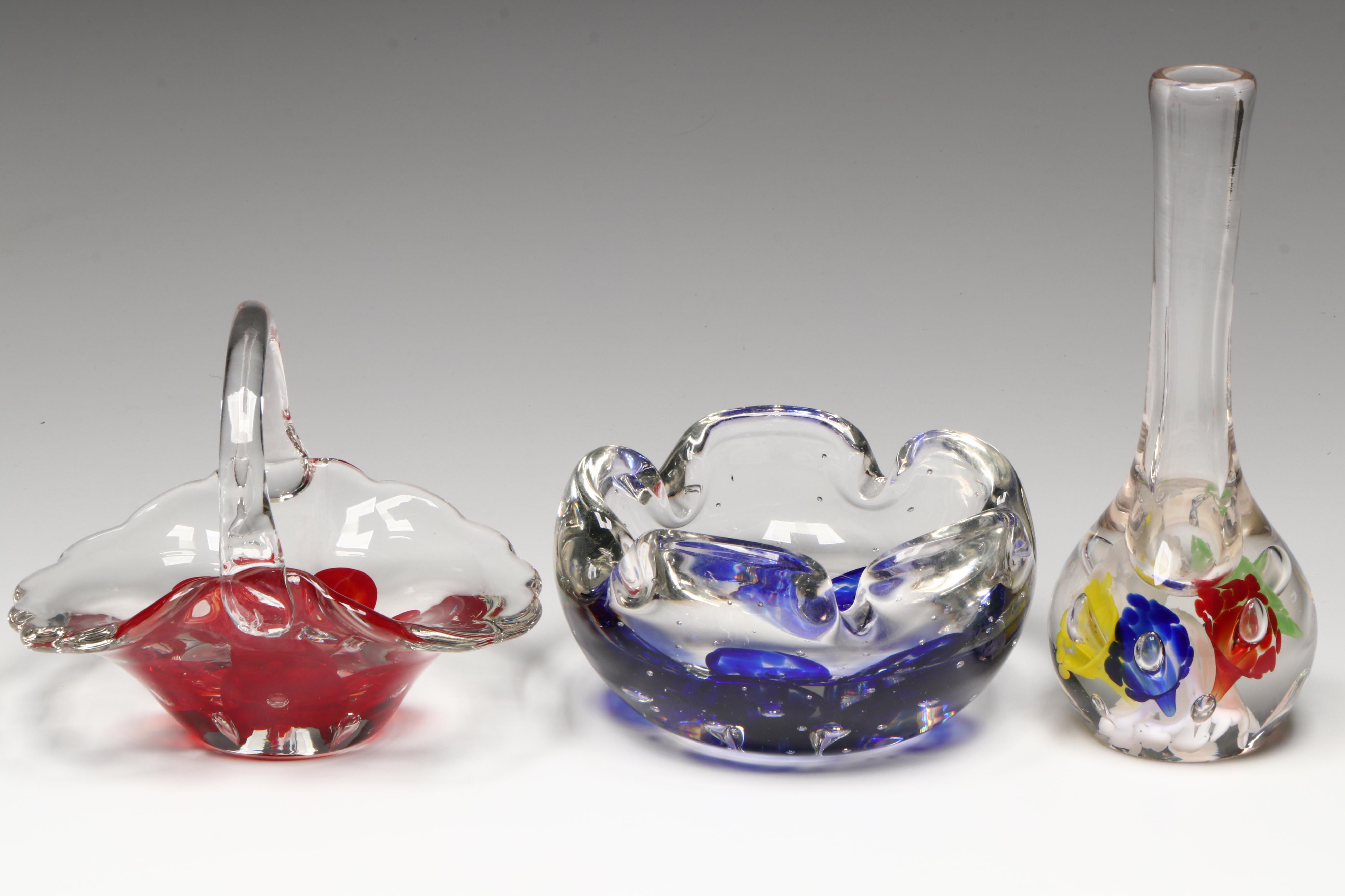 Zimmerman Handblown Glass Decorative Bowls with Fruit Figures and Bud Vase