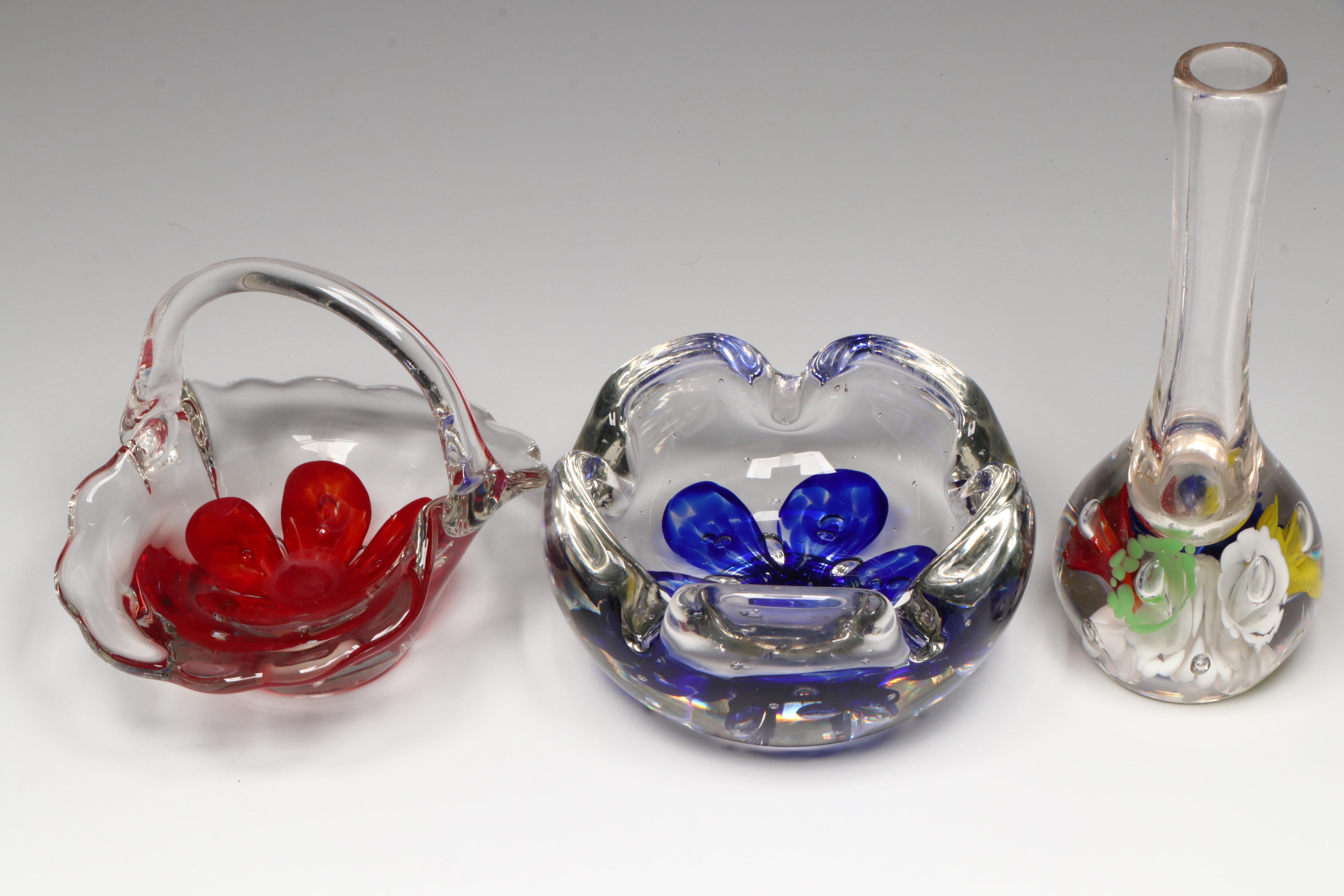 Zimmerman Handblown Glass Decorative Bowls with Fruit Figures and Bud Vase