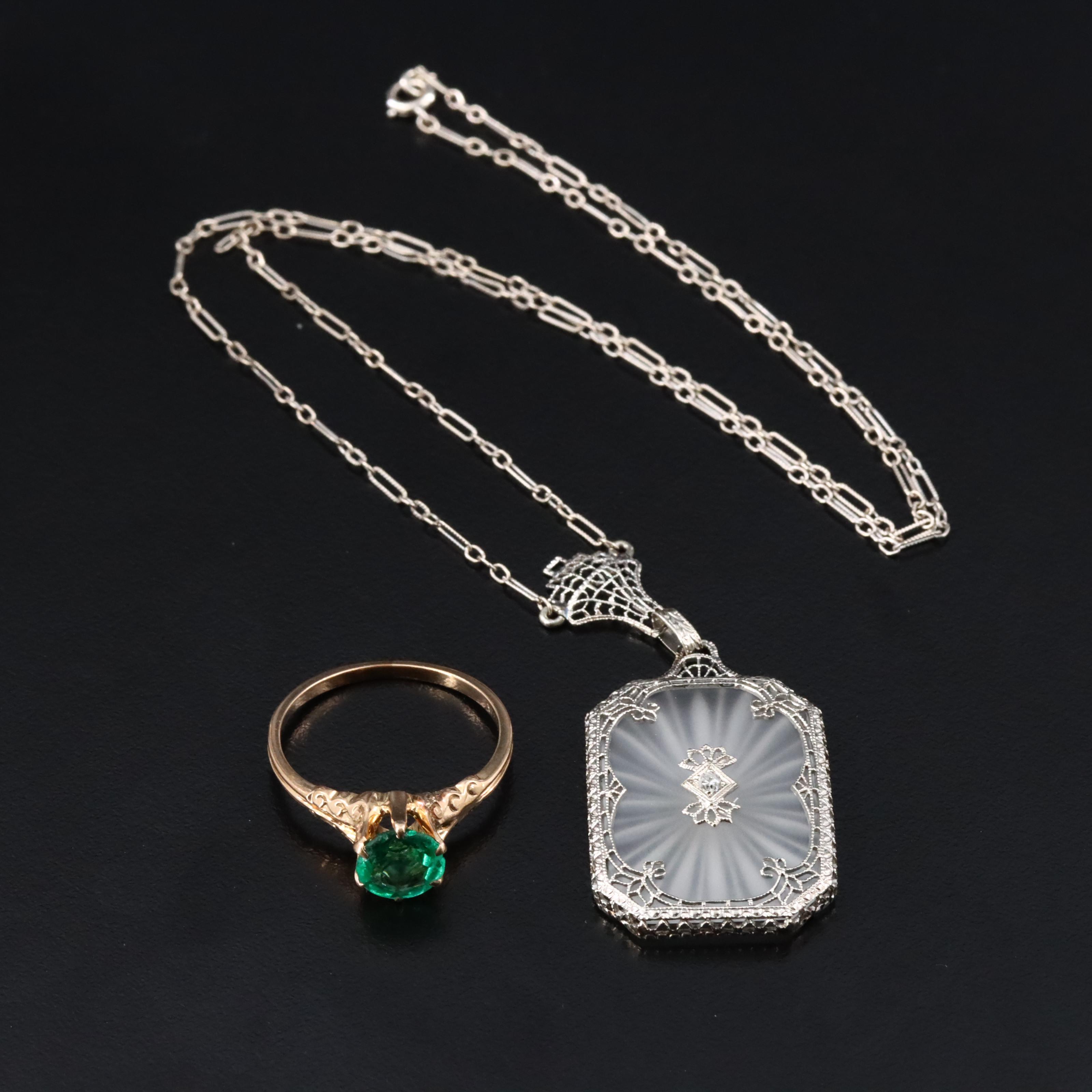 14K Rock Crystal and Diamond Necklace and 10K Garnet Glass Doublet Ring