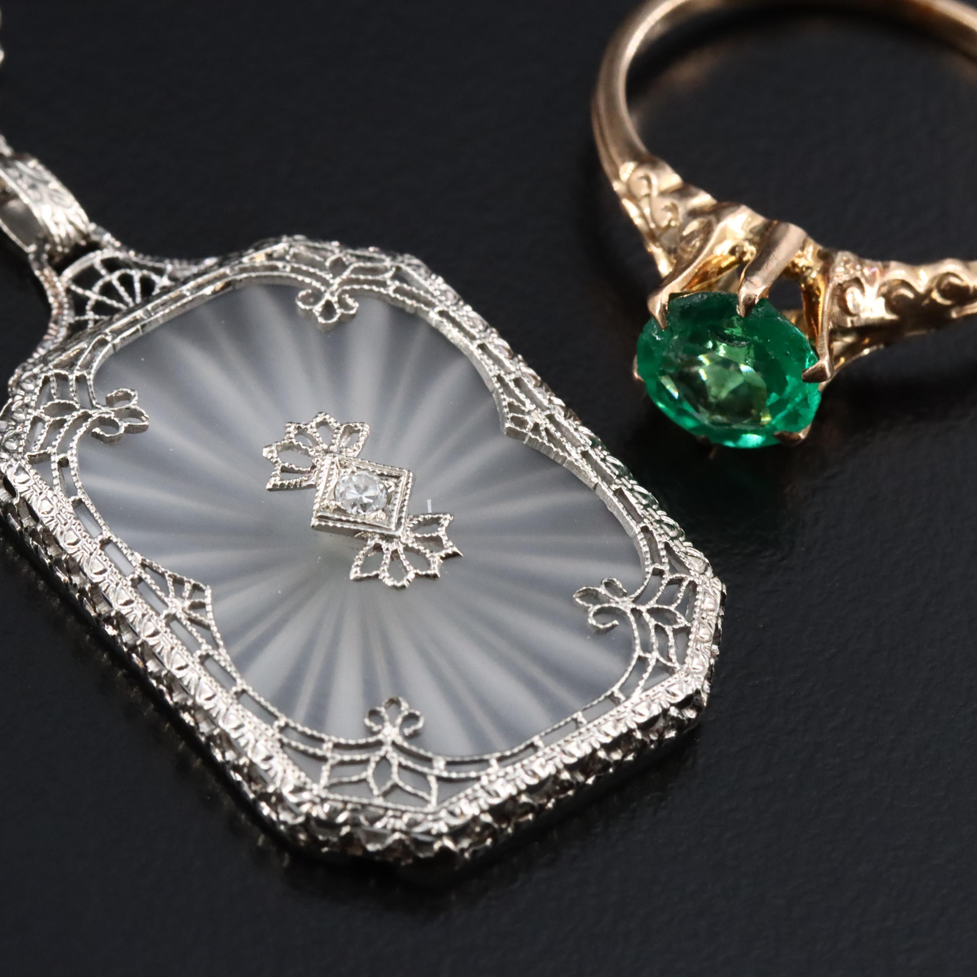 14K Rock Crystal and Diamond Necklace and 10K Garnet Glass Doublet Ring