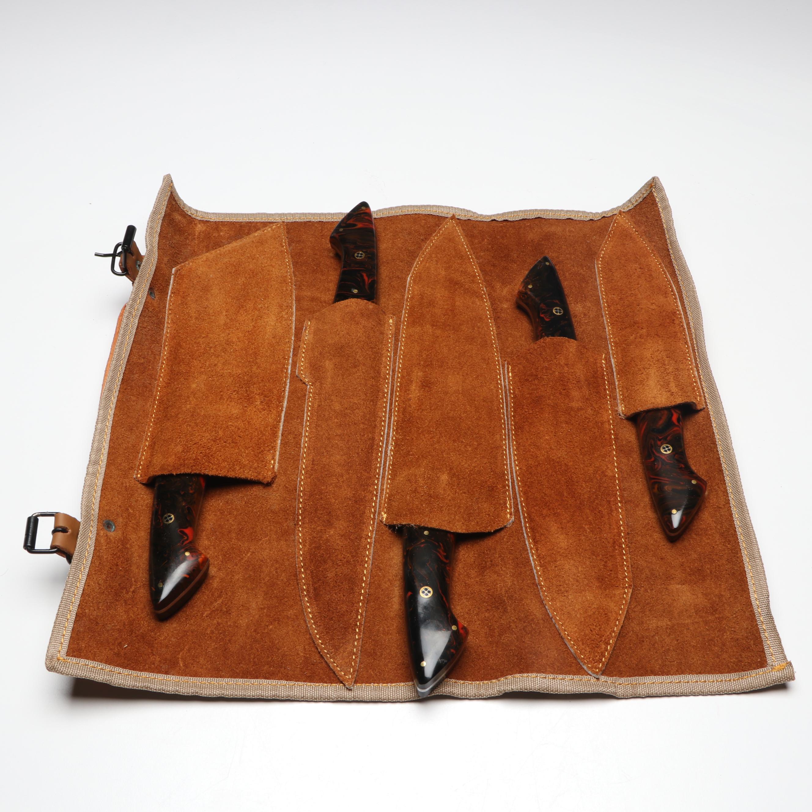 Damascus Steel Marbled Handled Chef's Knife Set in Suede Leather Roll