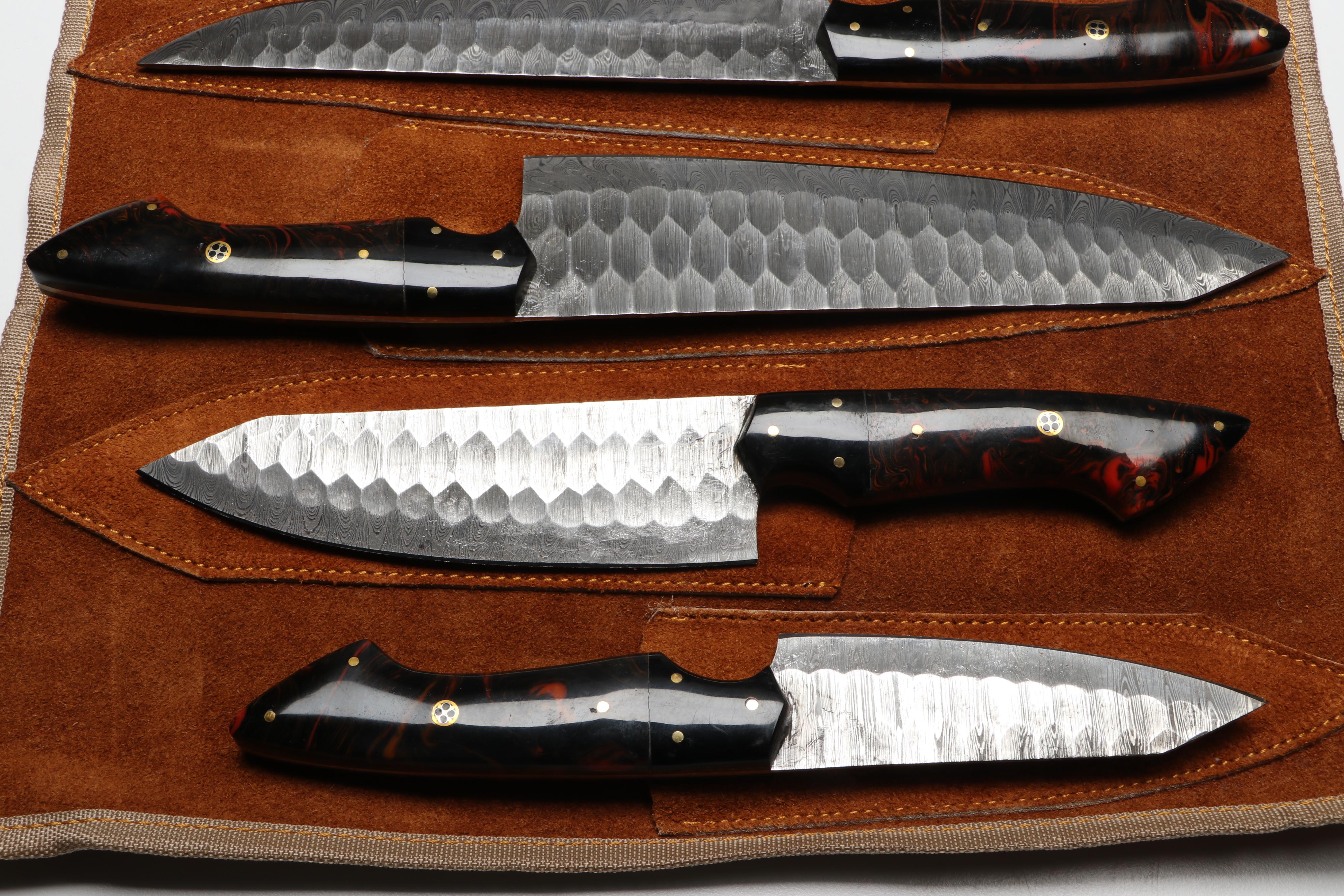 Damascus Steel Marbled Handled Chef's Knife Set in Suede Leather Roll