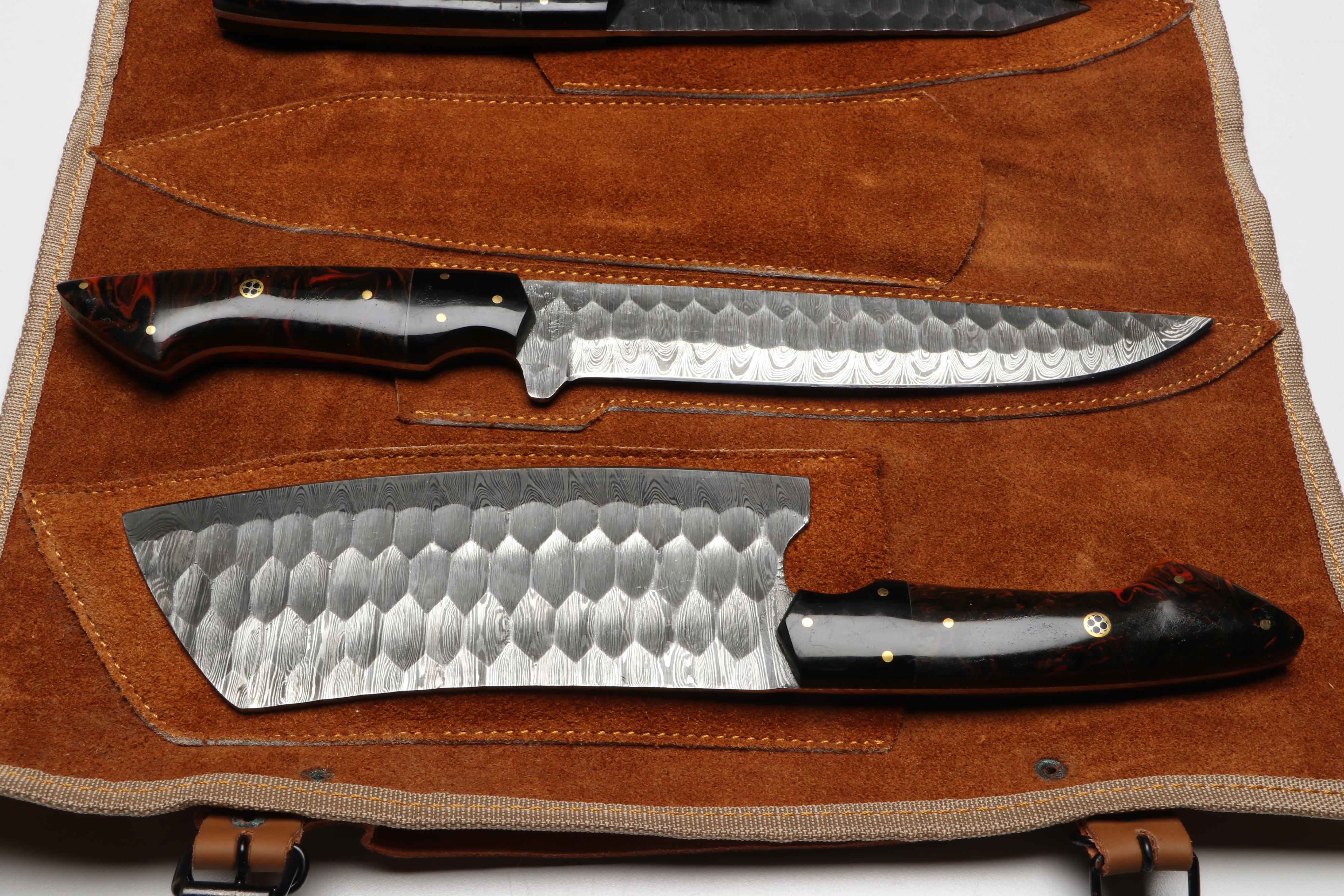 Damascus Steel Marbled Handled Chef's Knife Set in Suede Leather Roll
