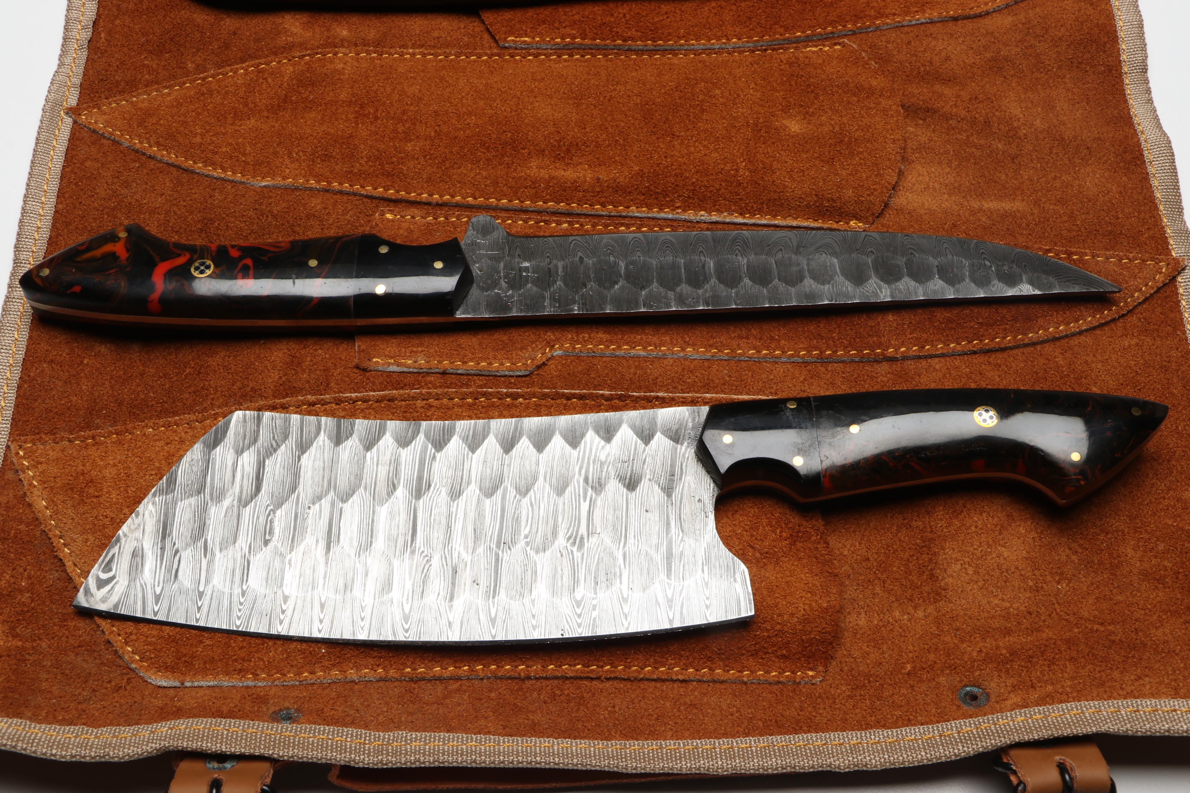 Damascus Steel Marbled Handled Chef's Knife Set in Suede Leather Roll