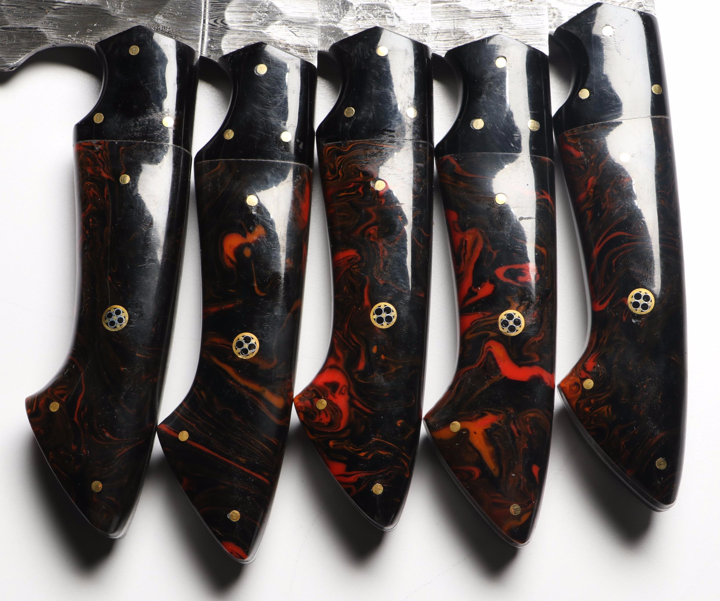 Damascus Steel Marbled Handled Chef's Knife Set in Suede Leather Roll