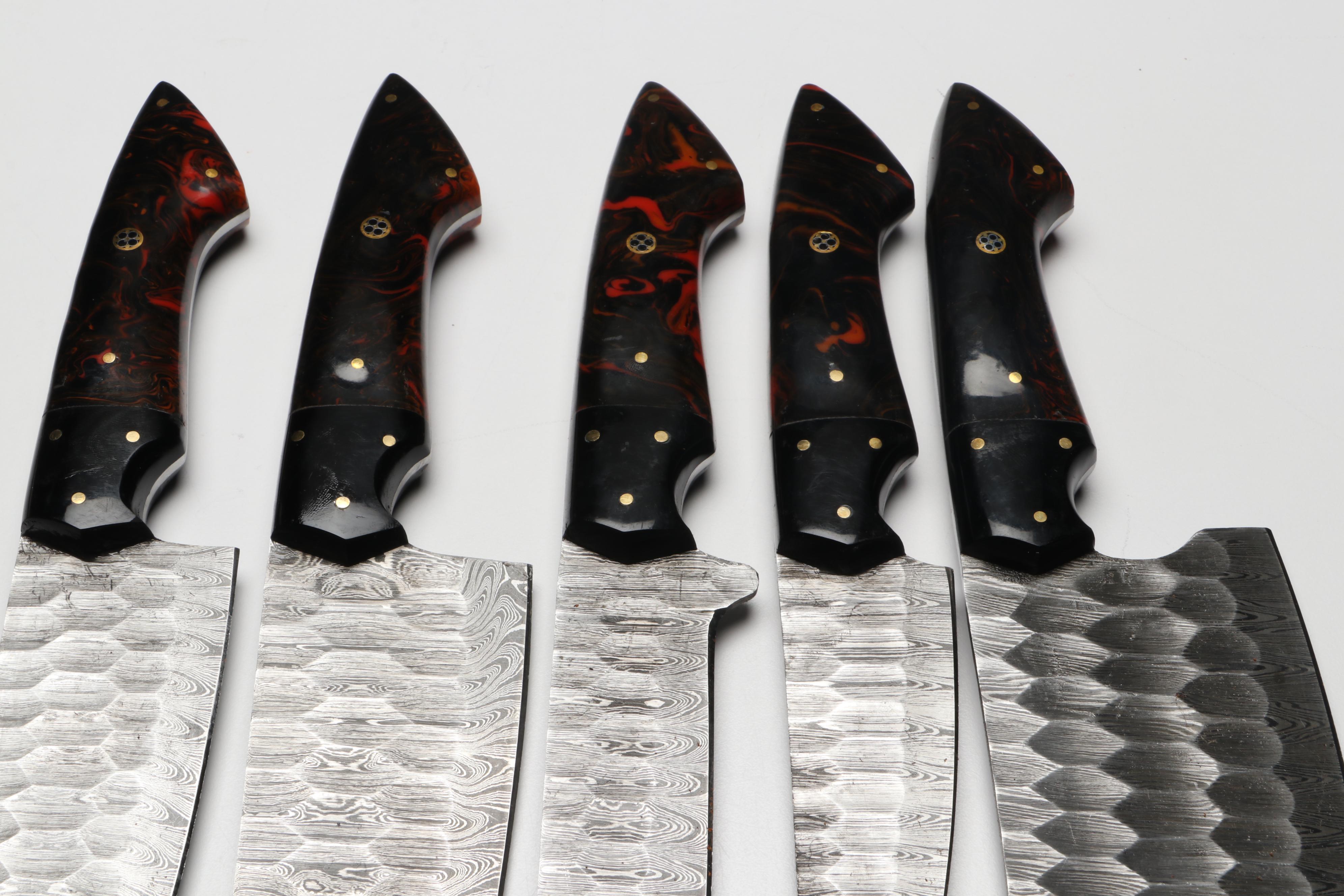 Damascus Steel Marbled Handled Chef's Knife Set in Suede Leather Roll