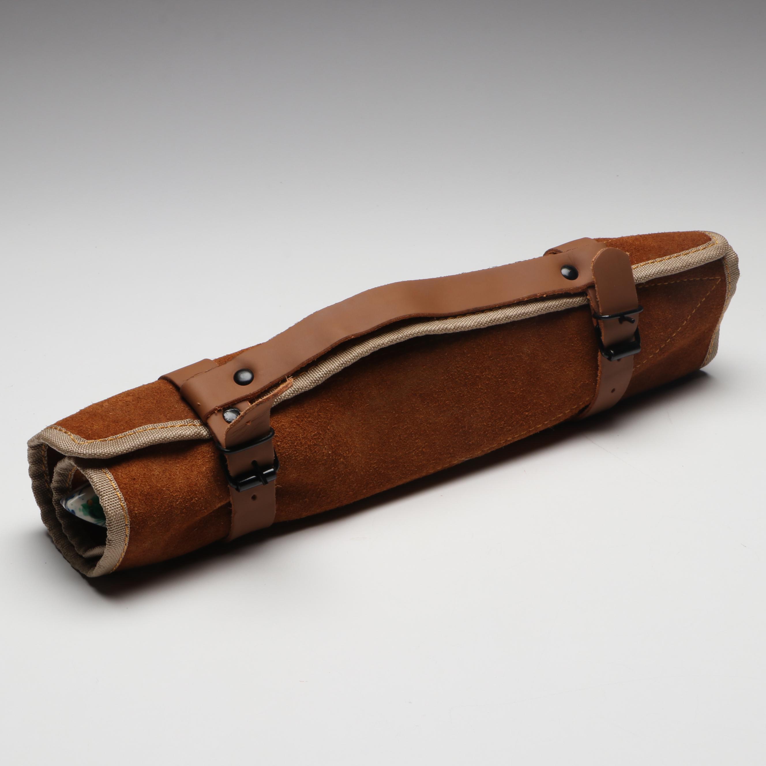 Damascus Steel Marbled Handled Chef's Knife Set in Suede Leather Roll