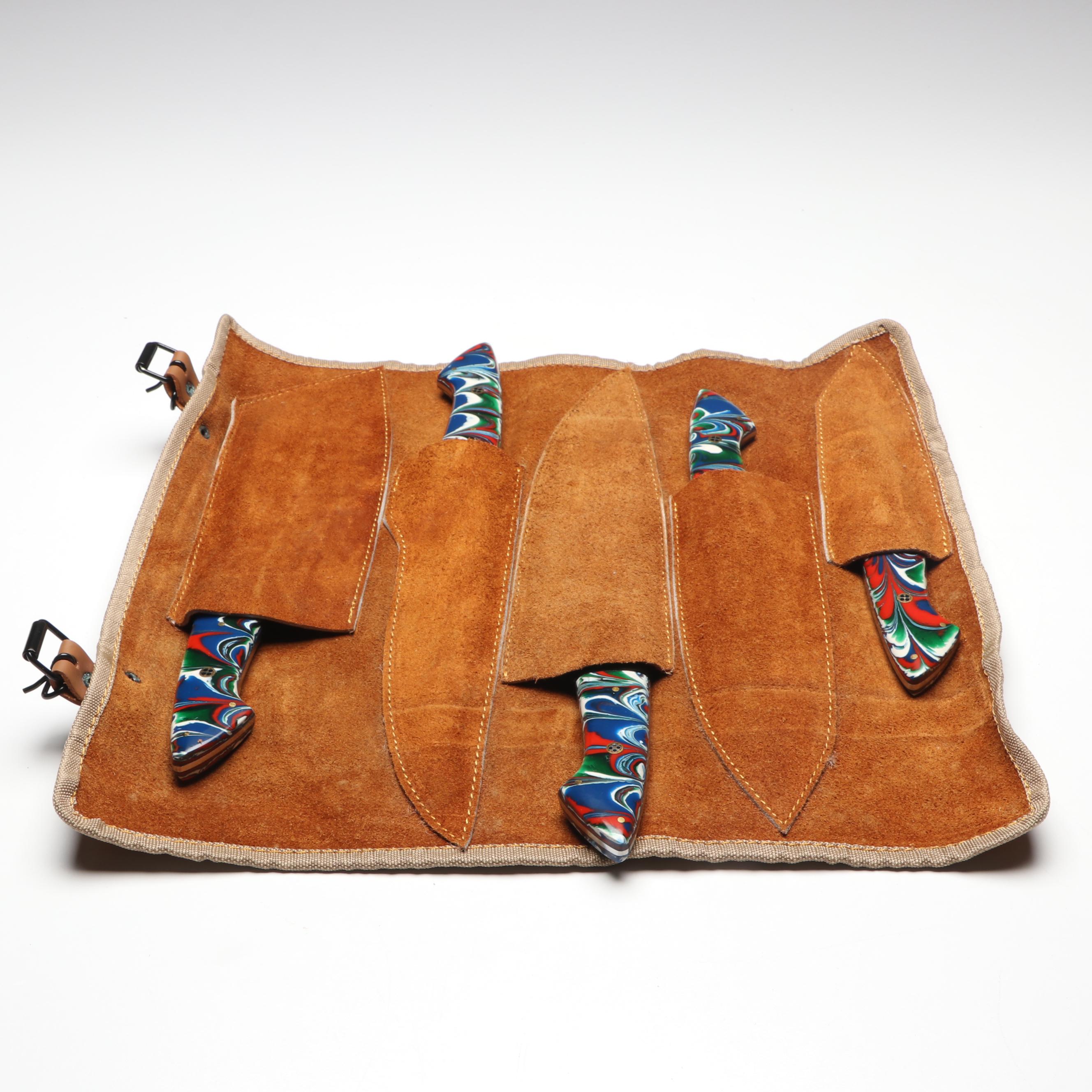 Damascus Steel Marbled Handled Chef's Knife Set in Suede Leather Roll