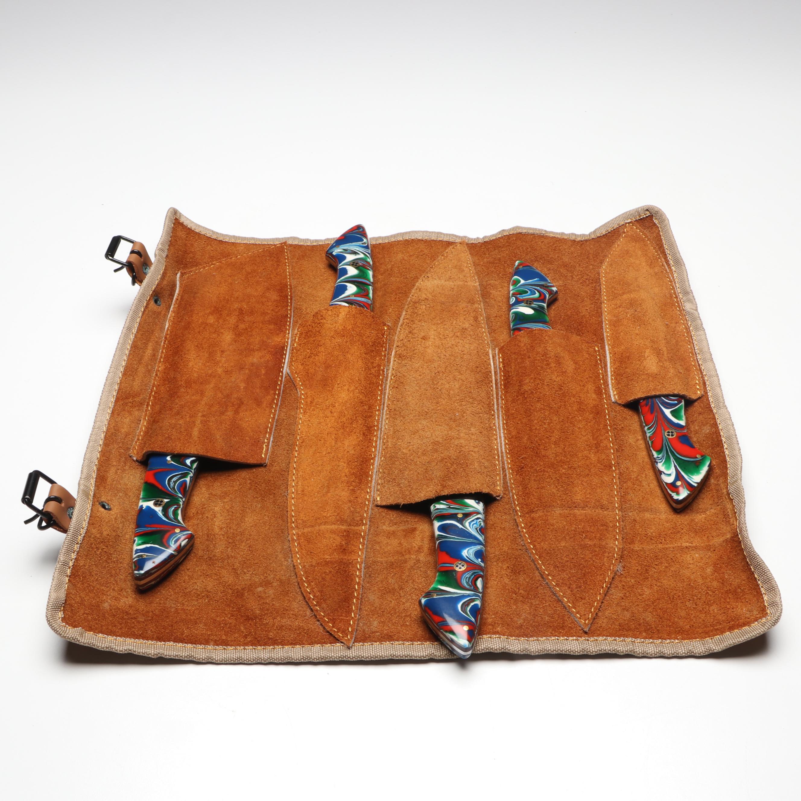 Damascus Steel Marbled Handled Chef's Knife Set in Suede Leather Roll