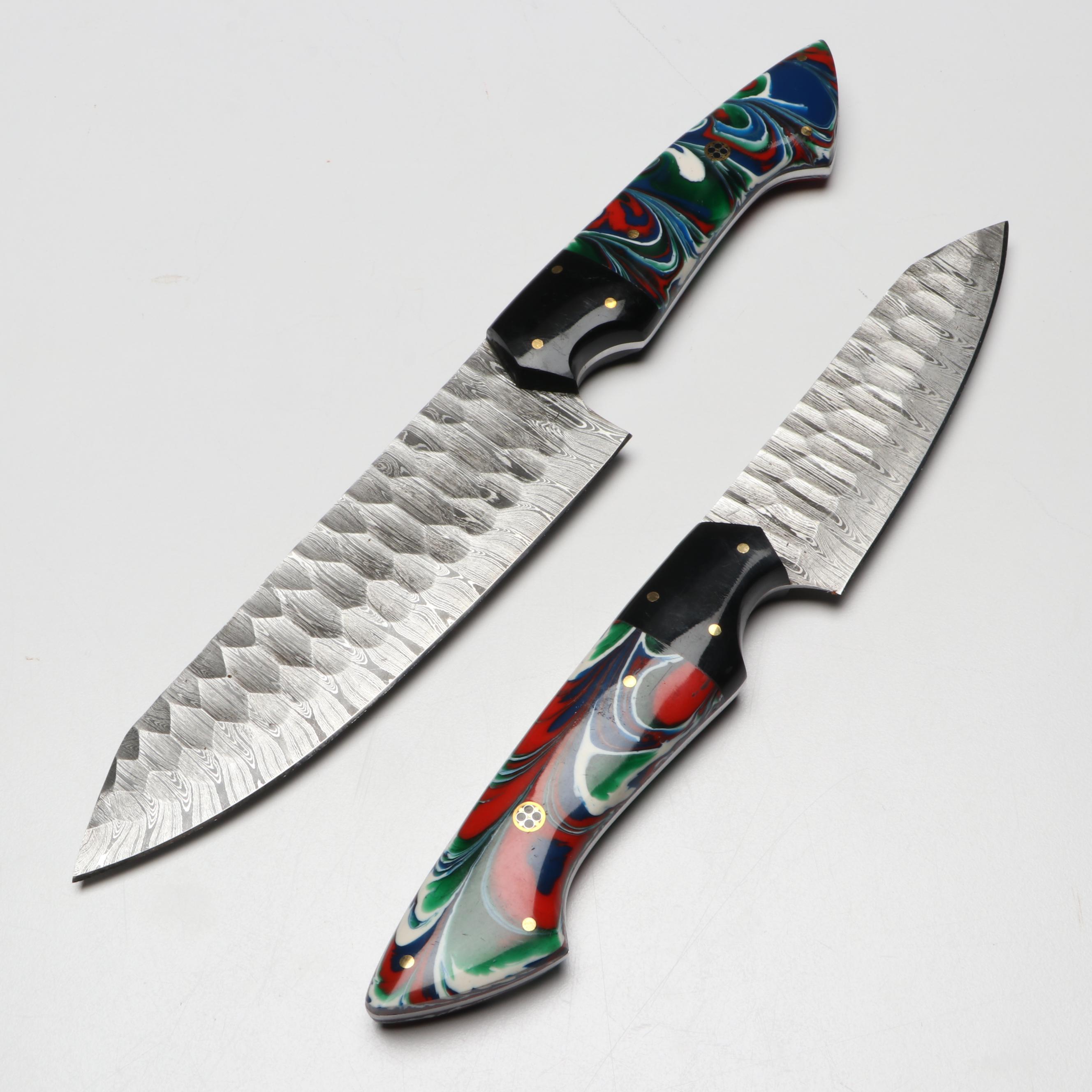 Damascus Steel Marbled Handled Chef's Knife Set in Suede Leather Roll