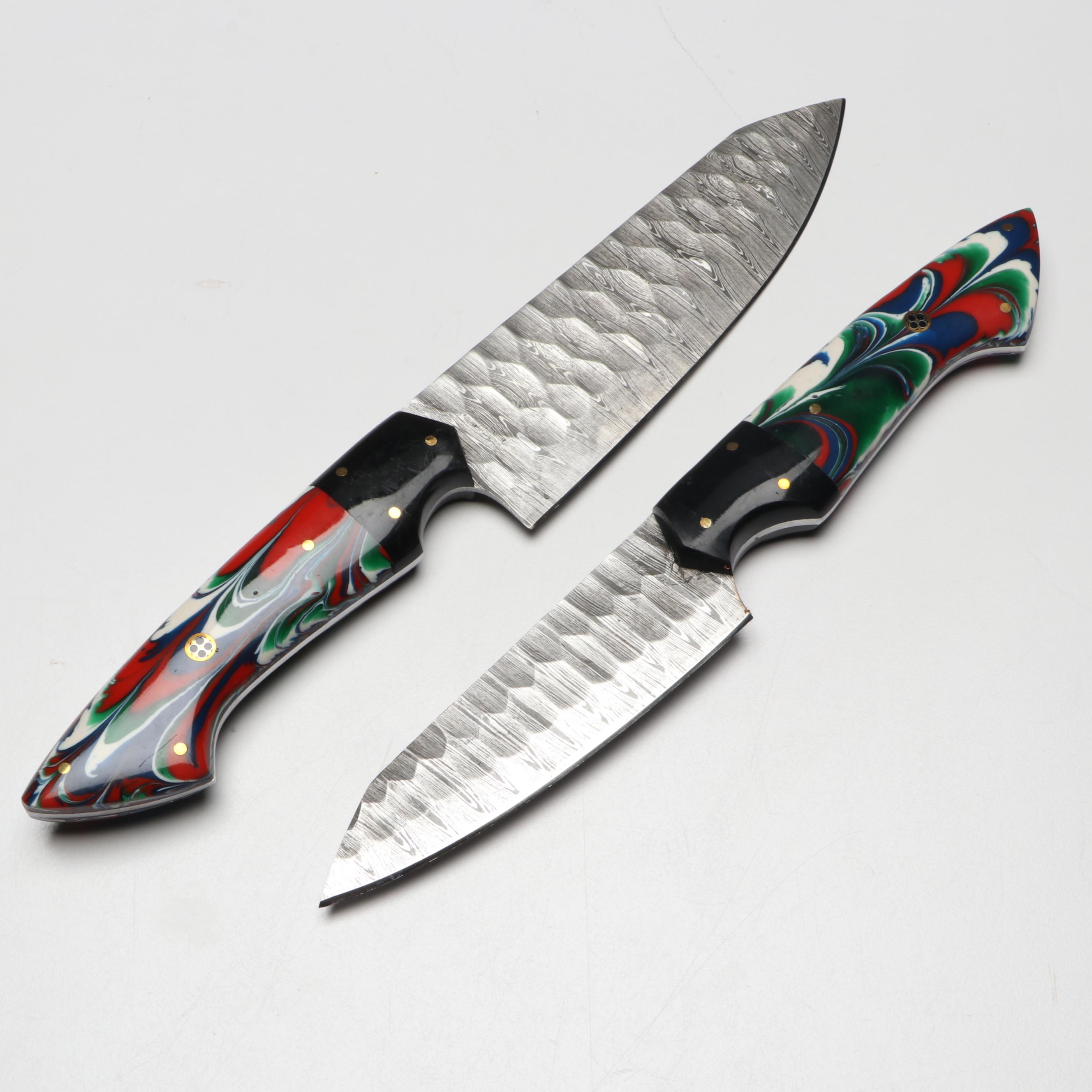 Damascus Steel Marbled Handled Chef's Knife Set in Suede Leather Roll