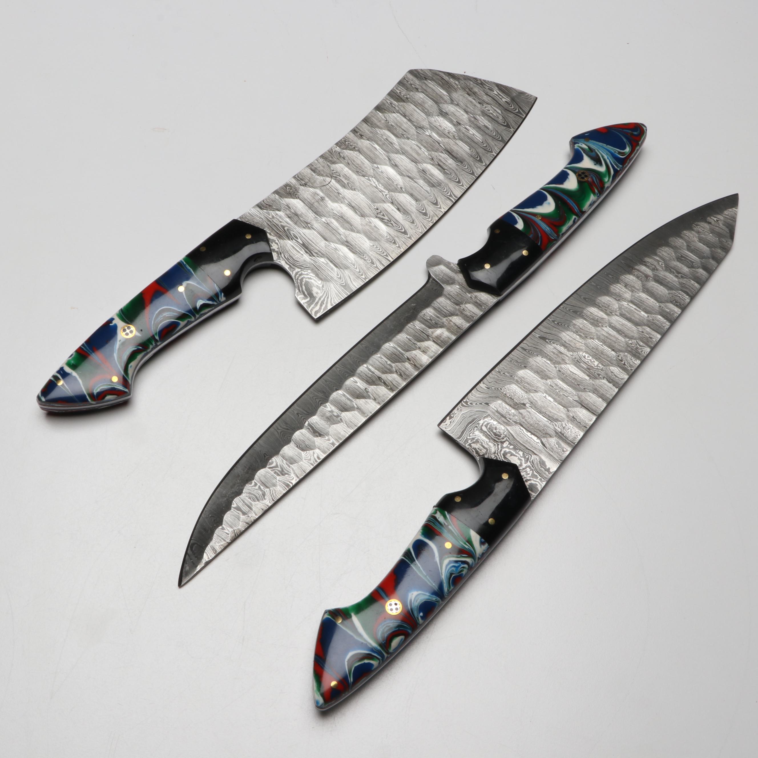 Damascus Steel Marbled Handled Chef's Knife Set in Suede Leather Roll