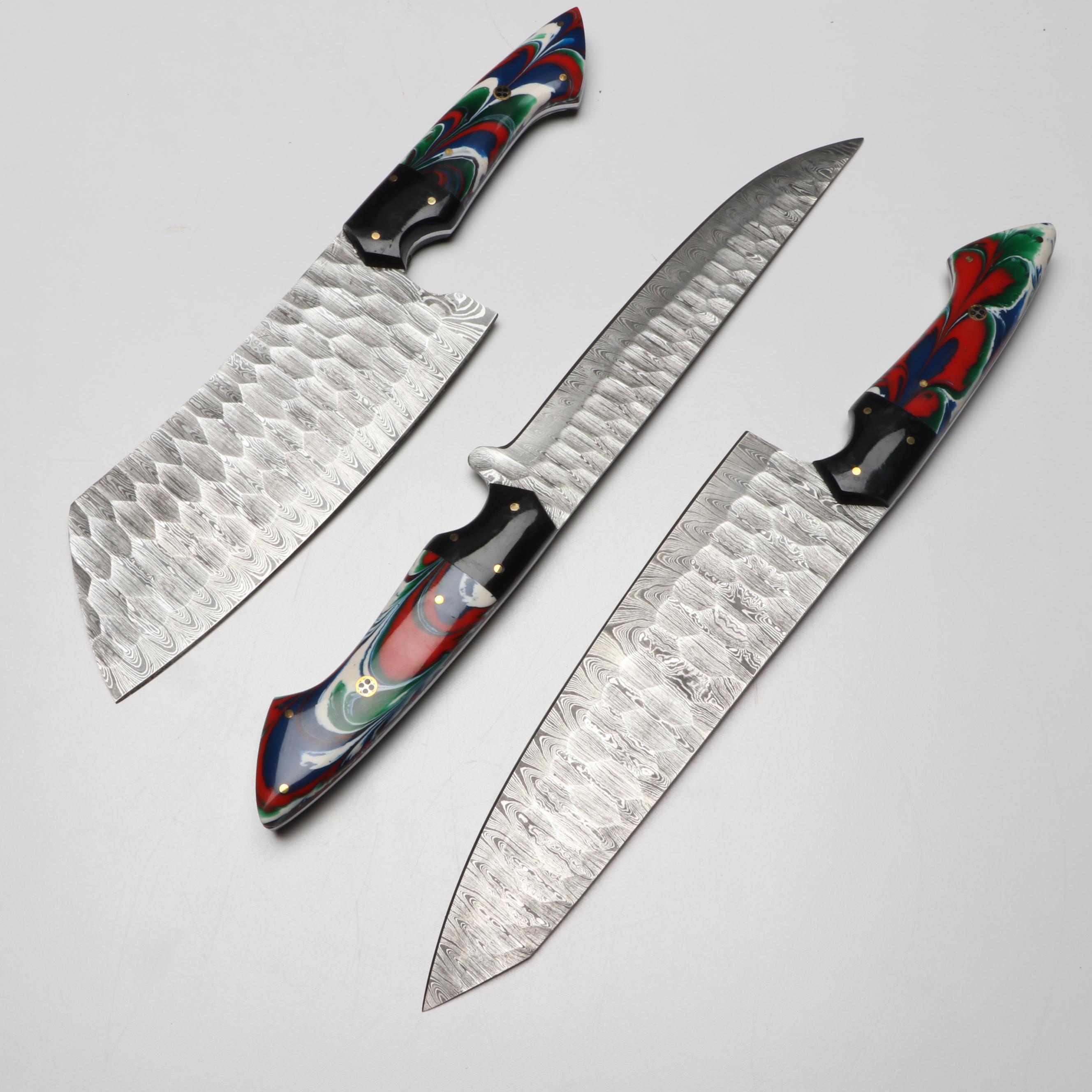 Damascus Steel Marbled Handled Chef's Knife Set in Suede Leather Roll