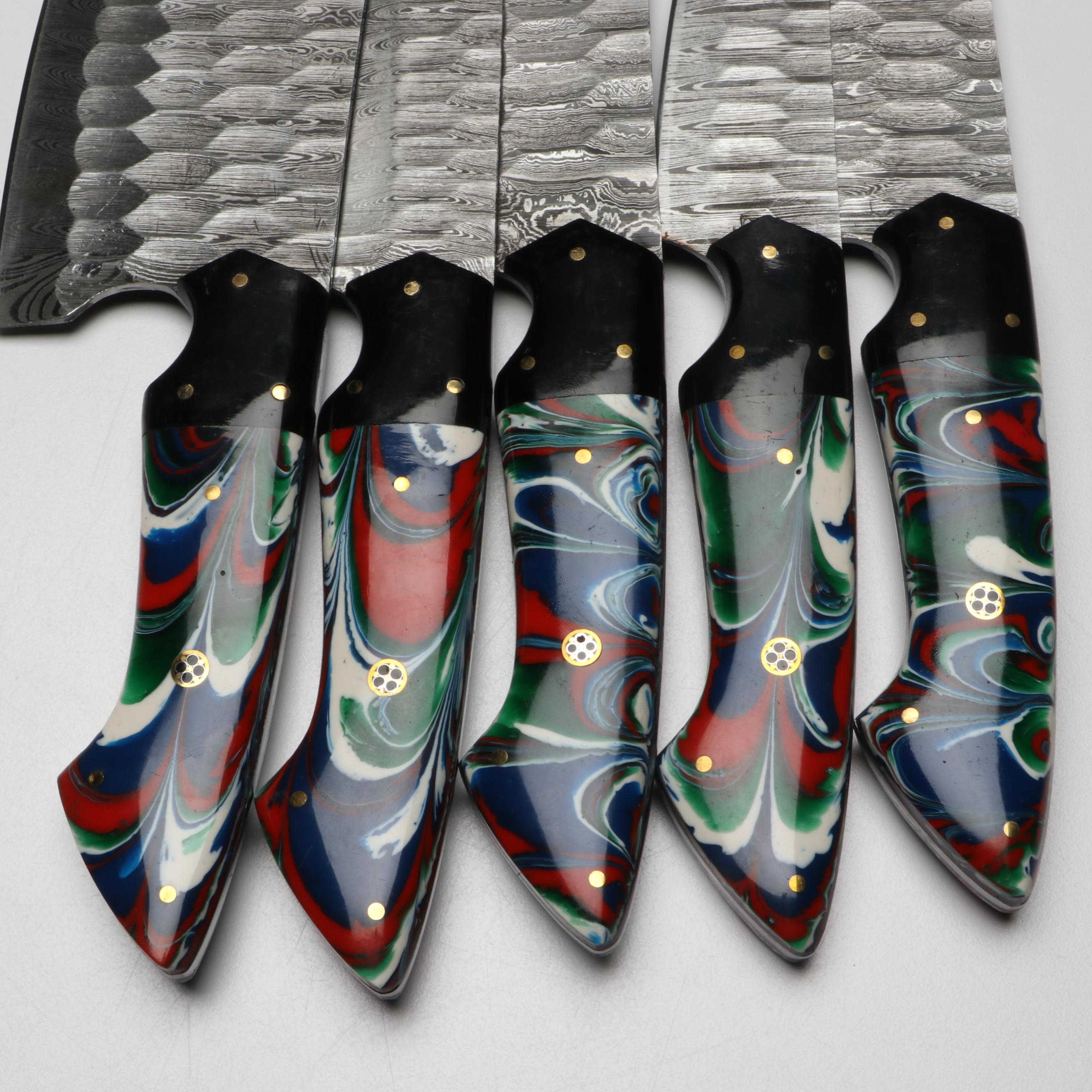 Damascus Steel Marbled Handled Chef's Knife Set in Suede Leather Roll