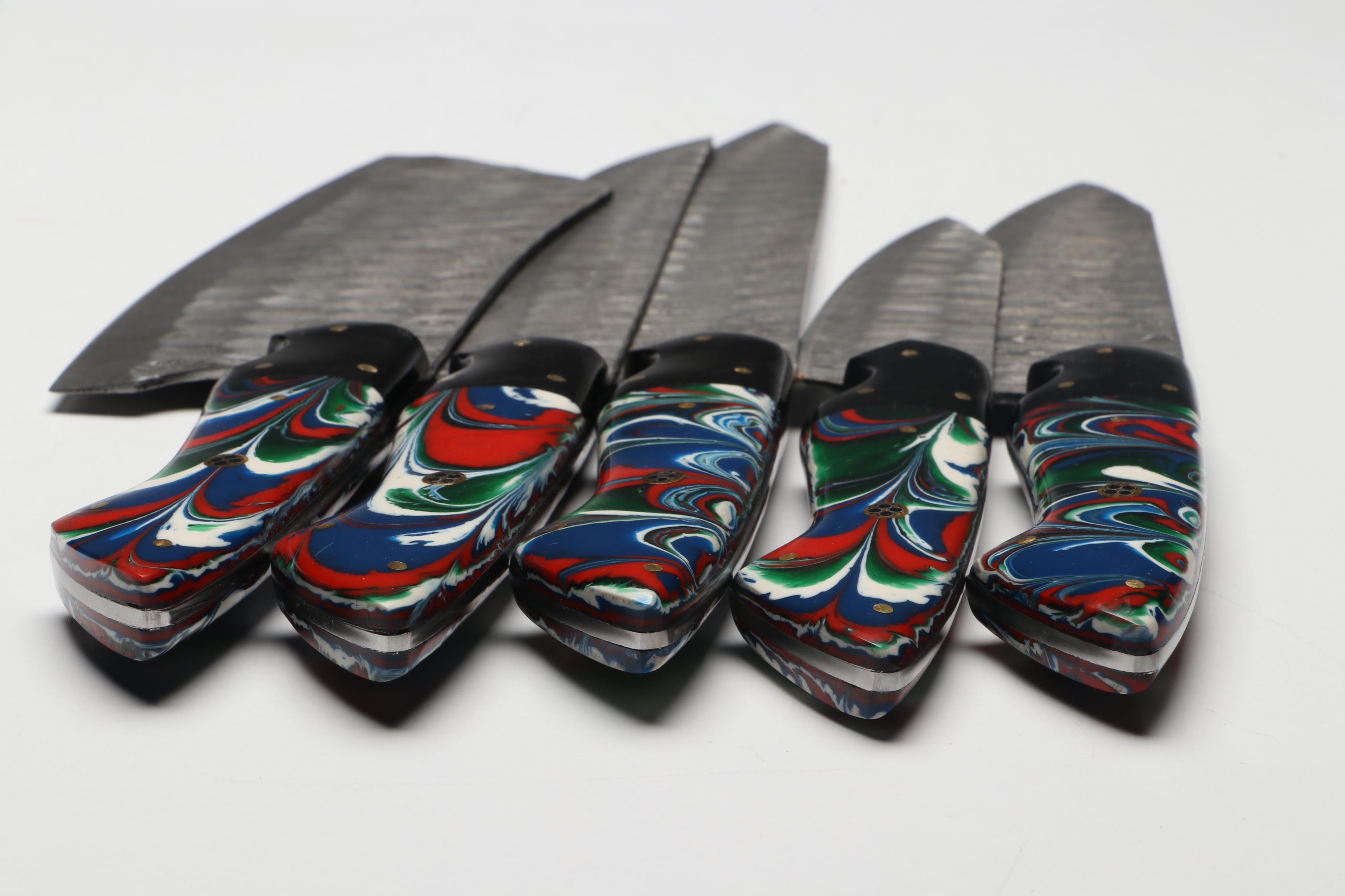 Damascus Steel Marbled Handled Chef's Knife Set in Suede Leather Roll