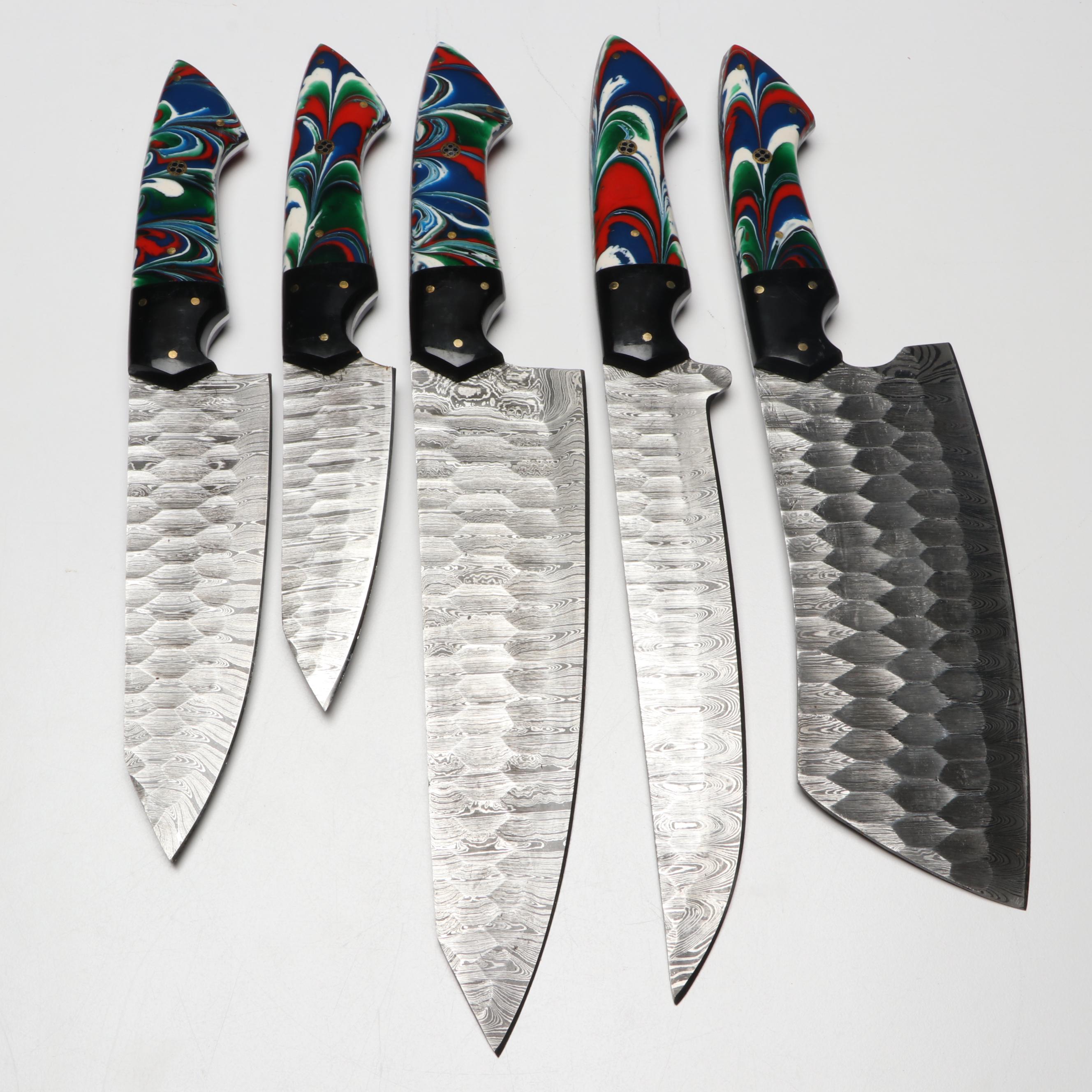 Damascus Steel Marbled Handled Chef's Knife Set in Suede Leather Roll