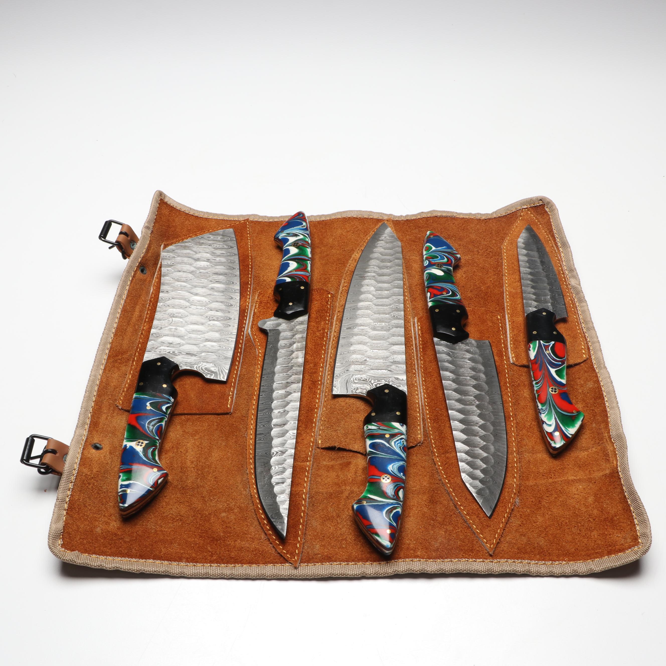Damascus Steel Marbled Handled Chef's Knife Set in Suede Leather Roll