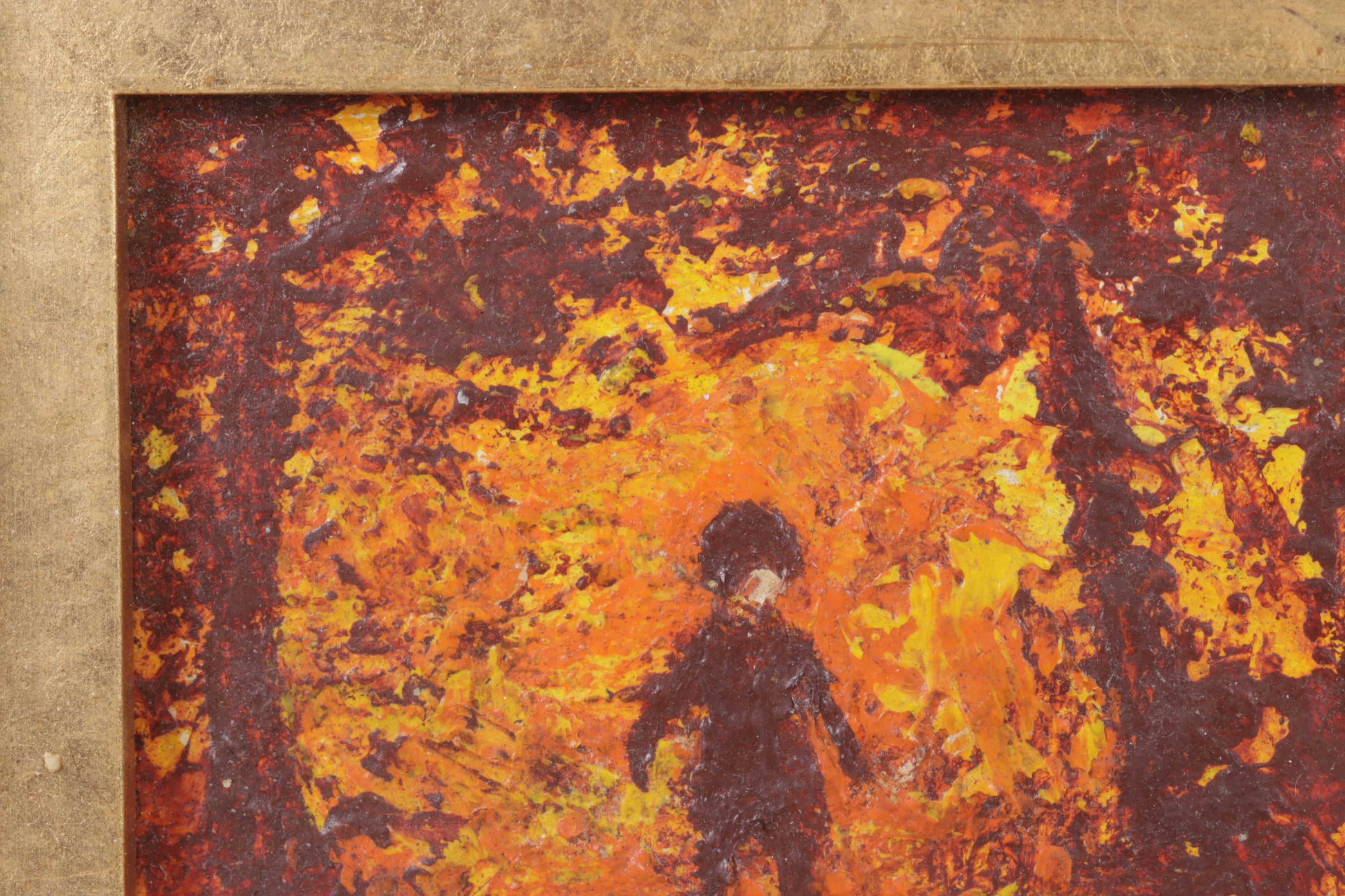 Miniature Impressionist Oil Painting of Figure Traversing Through Autumnal Woods