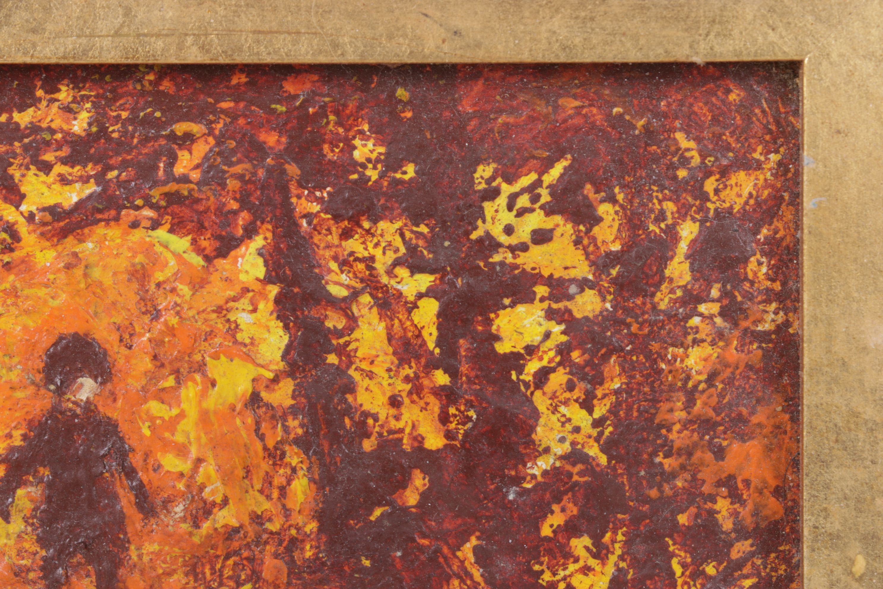 Miniature Impressionist Oil Painting of Figure Traversing Through Autumnal Woods