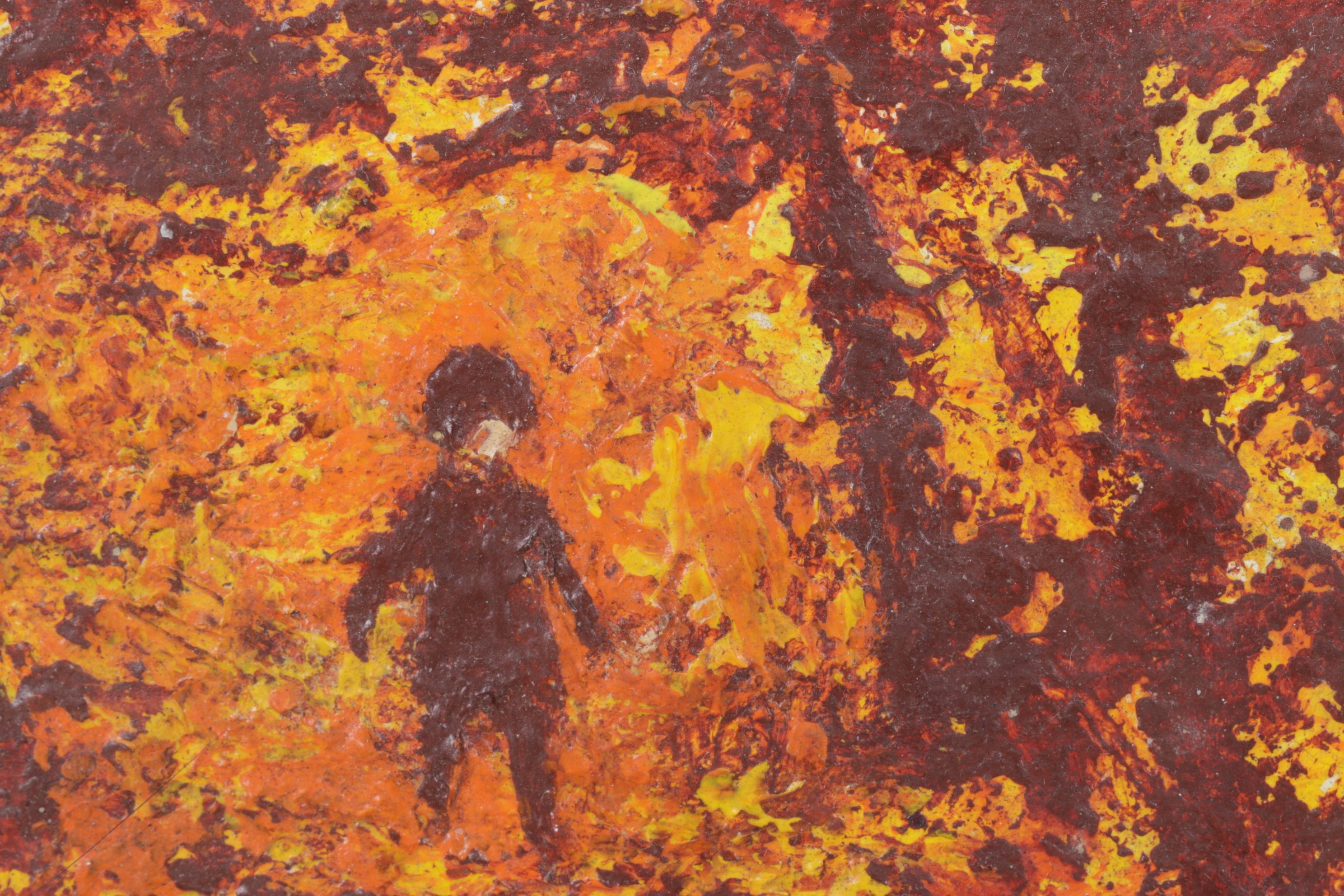 Miniature Impressionist Oil Painting of Figure Traversing Through Autumnal Woods