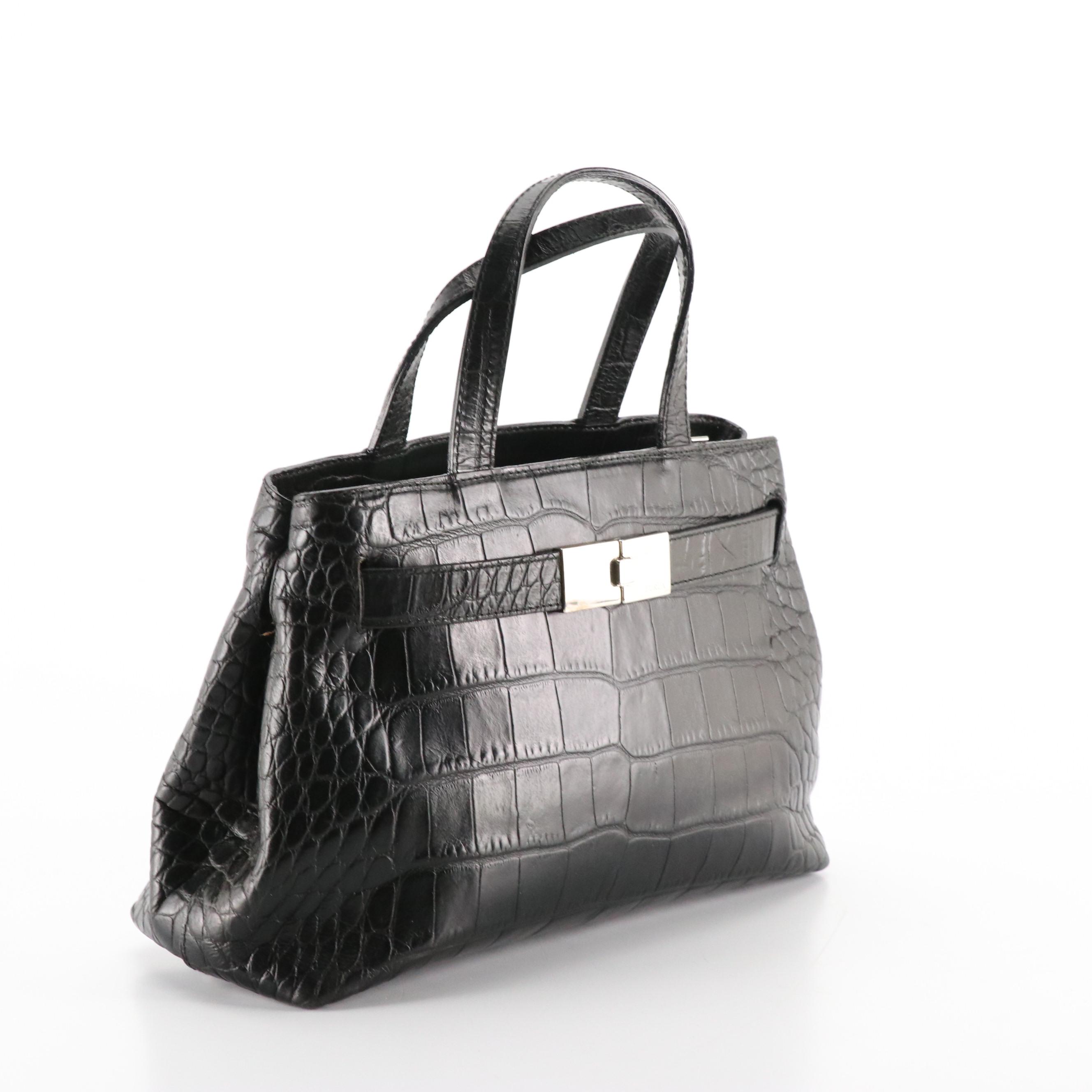 Furla Black Croc Embossed Leather Handbag