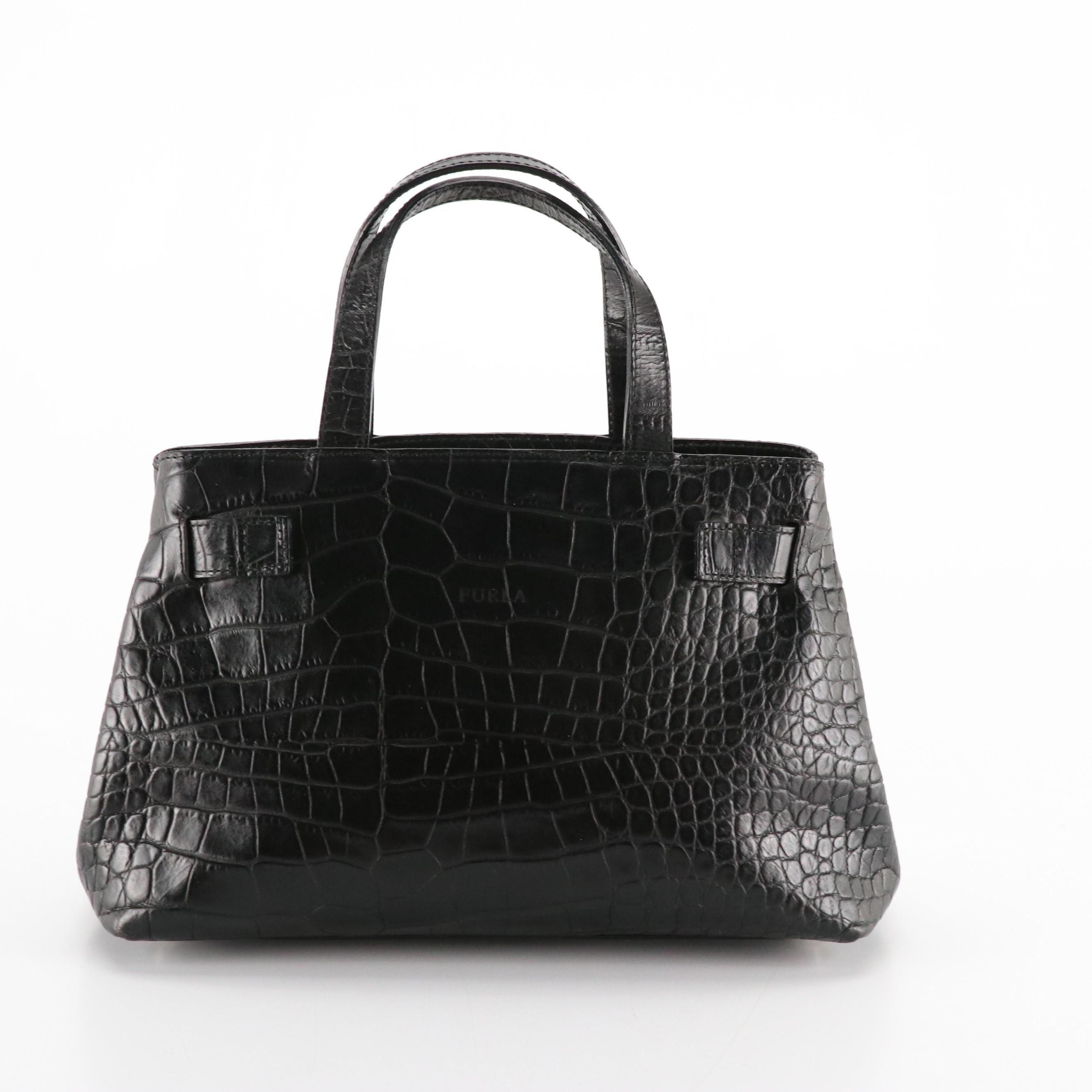 Furla Black Croc Embossed Leather Handbag