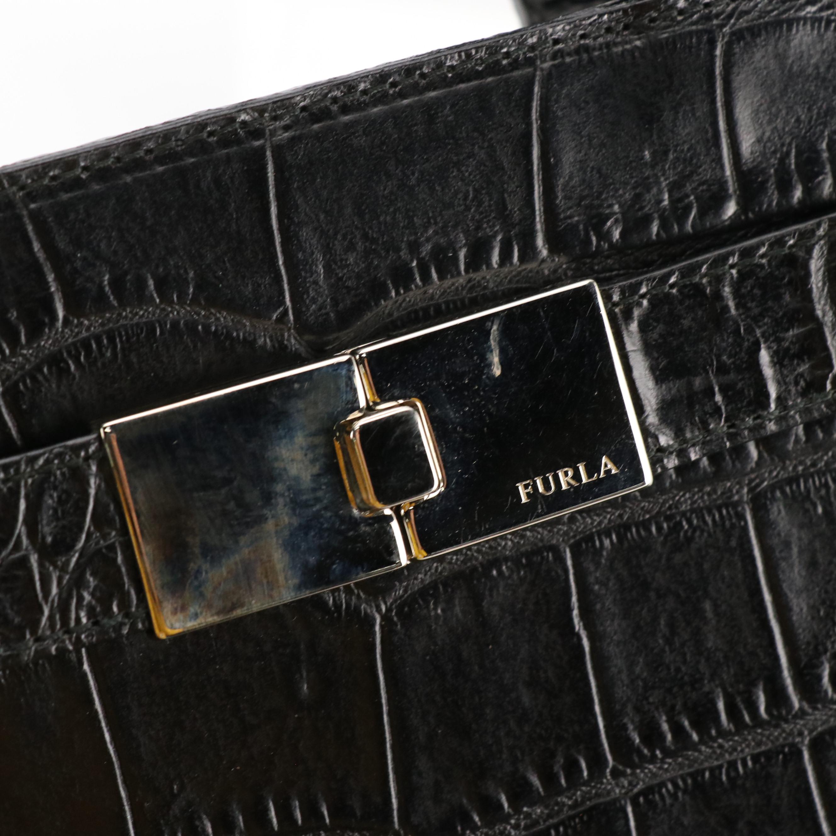 Furla Black Croc Embossed Leather Handbag