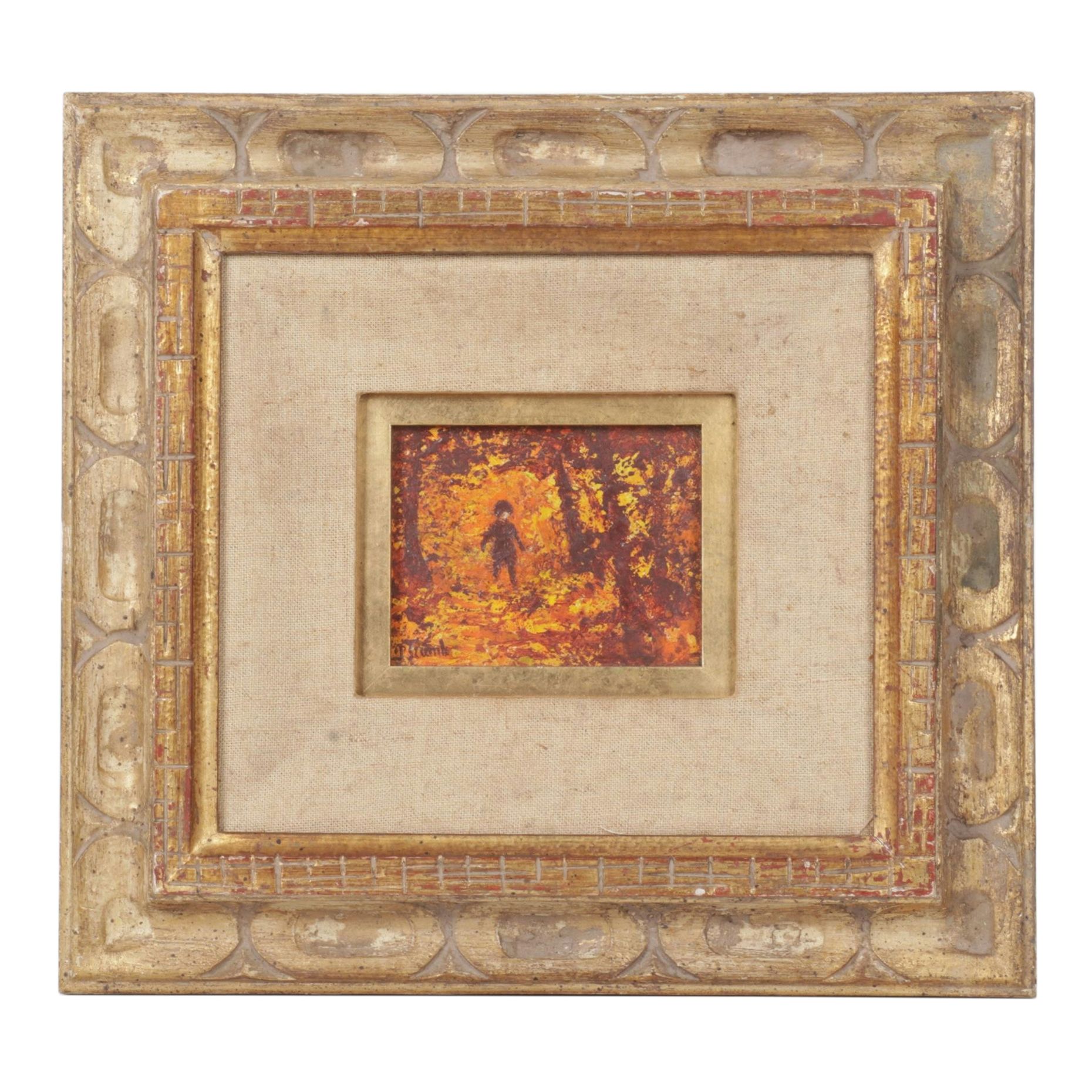 Miniature Impressionist Oil Painting of Figure Traversing Through Autumnal Woods