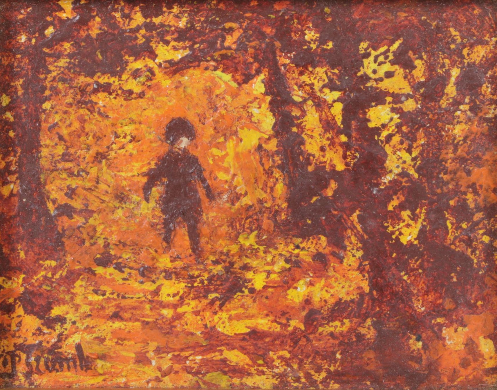 Miniature Impressionist Oil Painting of Figure Traversing Through Autumnal Woods
