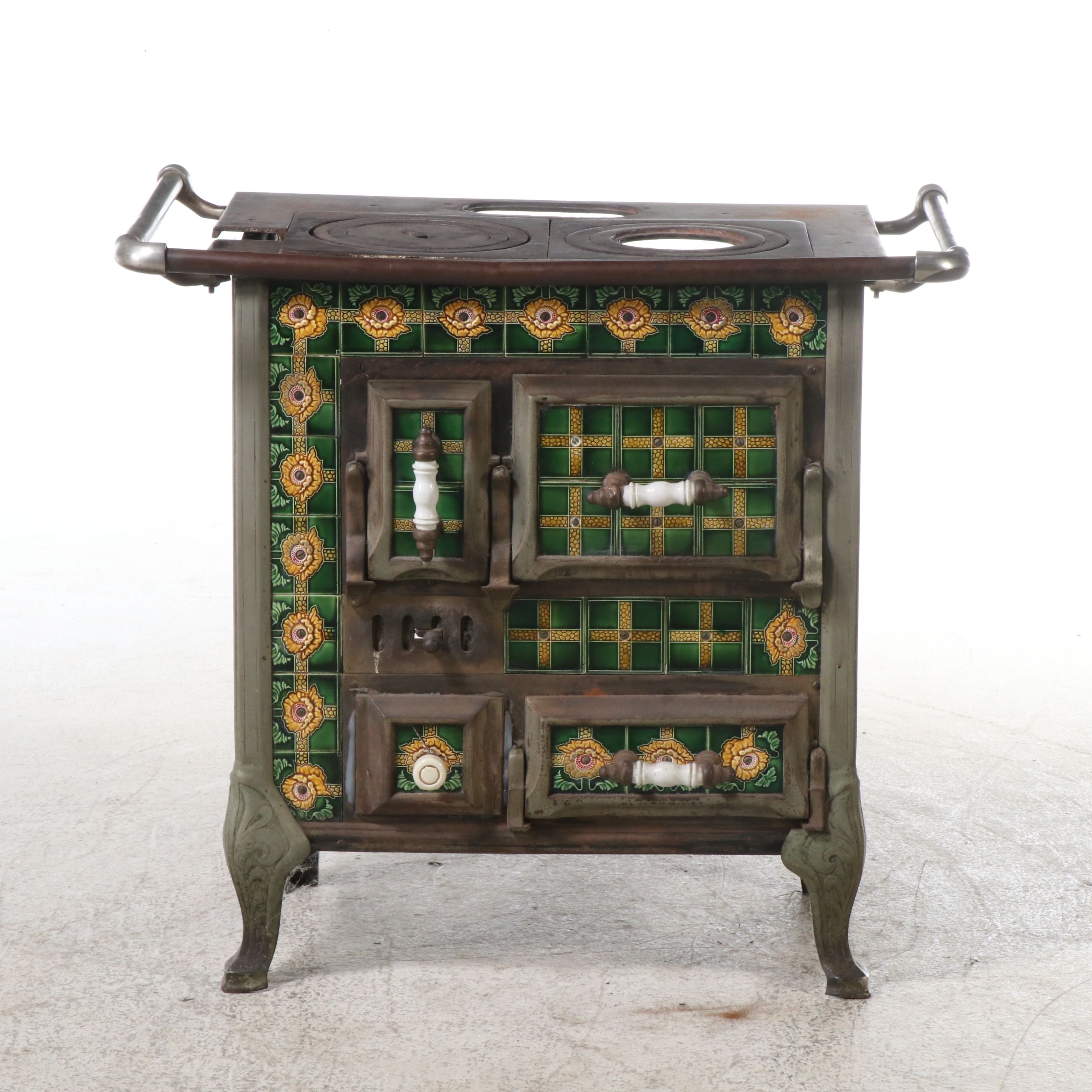 European Art Nouveau Style Cast Metal Stove with Majolica Tiles