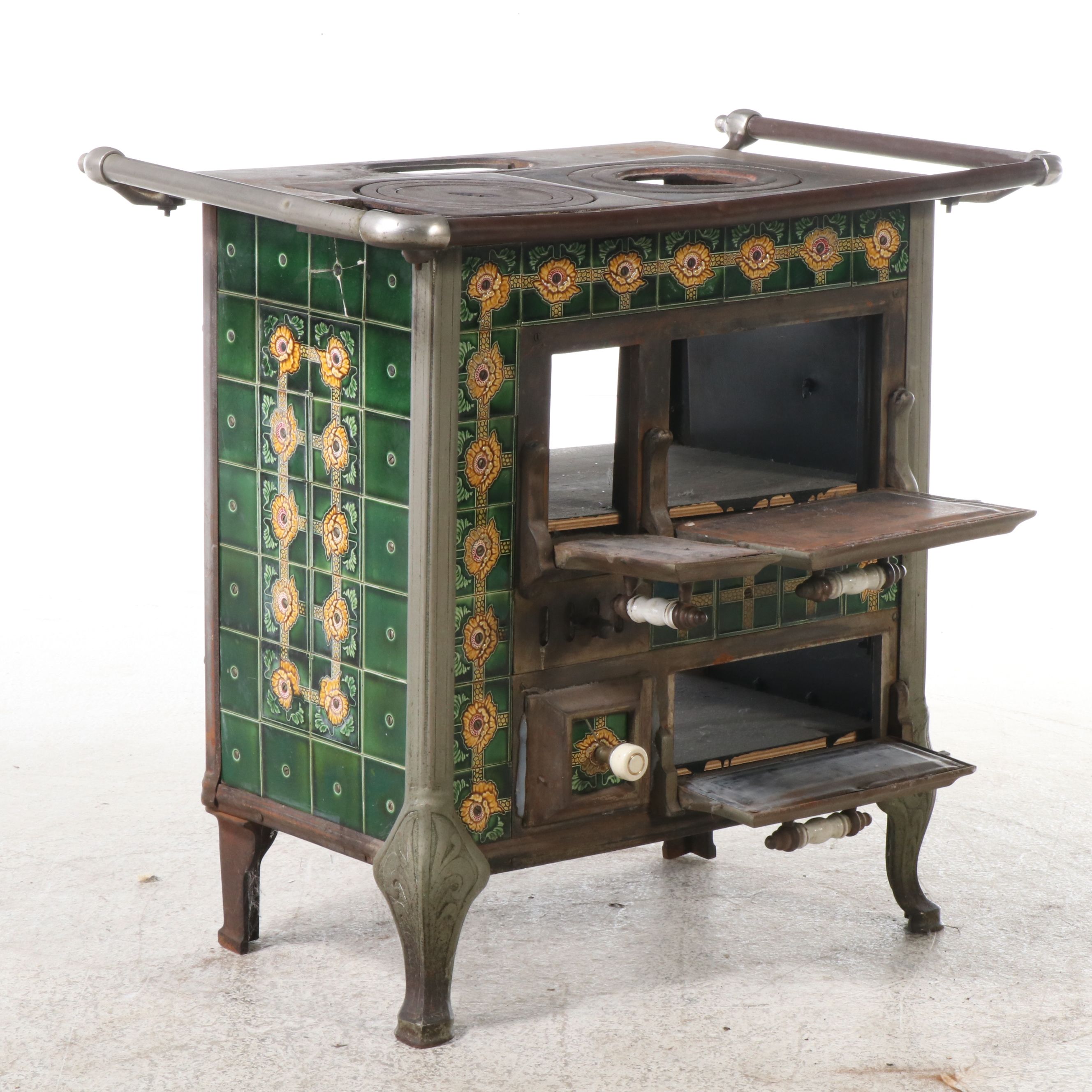 European Art Nouveau Style Cast Metal Stove with Majolica Tiles