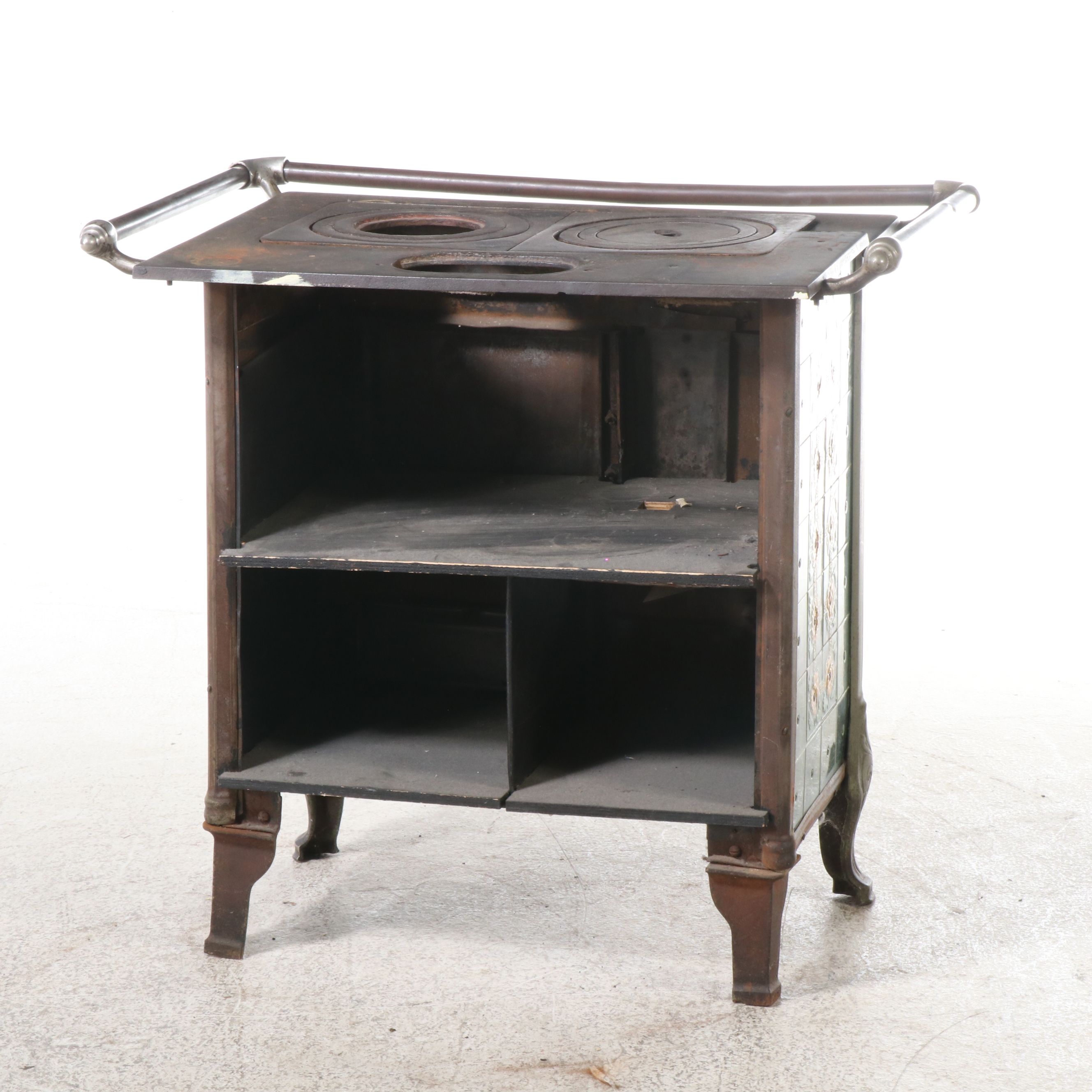 European Art Nouveau Style Cast Metal Stove with Majolica Tiles