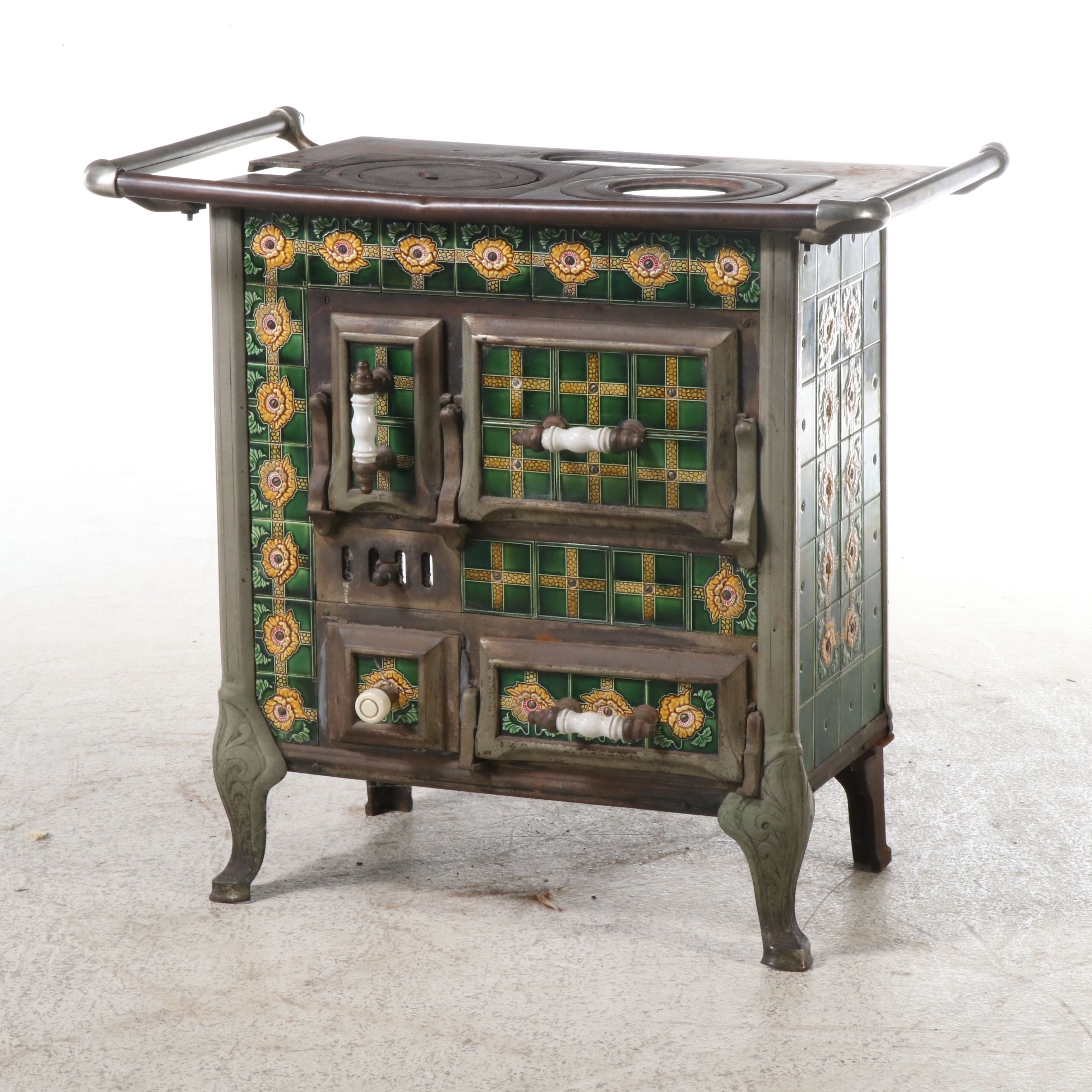 European Art Nouveau Style Cast Metal Stove with Majolica Tiles
