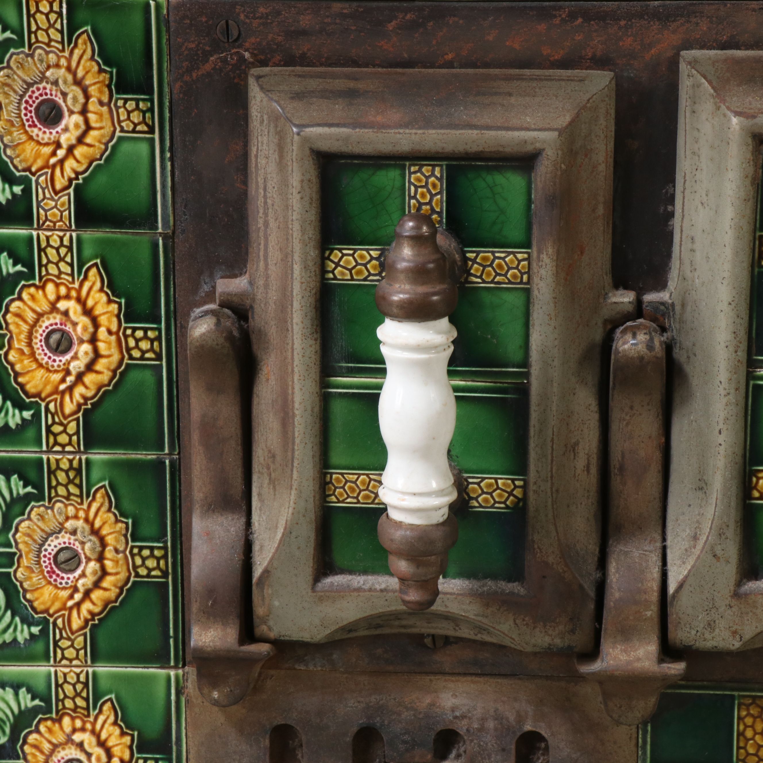 European Art Nouveau Style Cast Metal Stove with Majolica Tiles