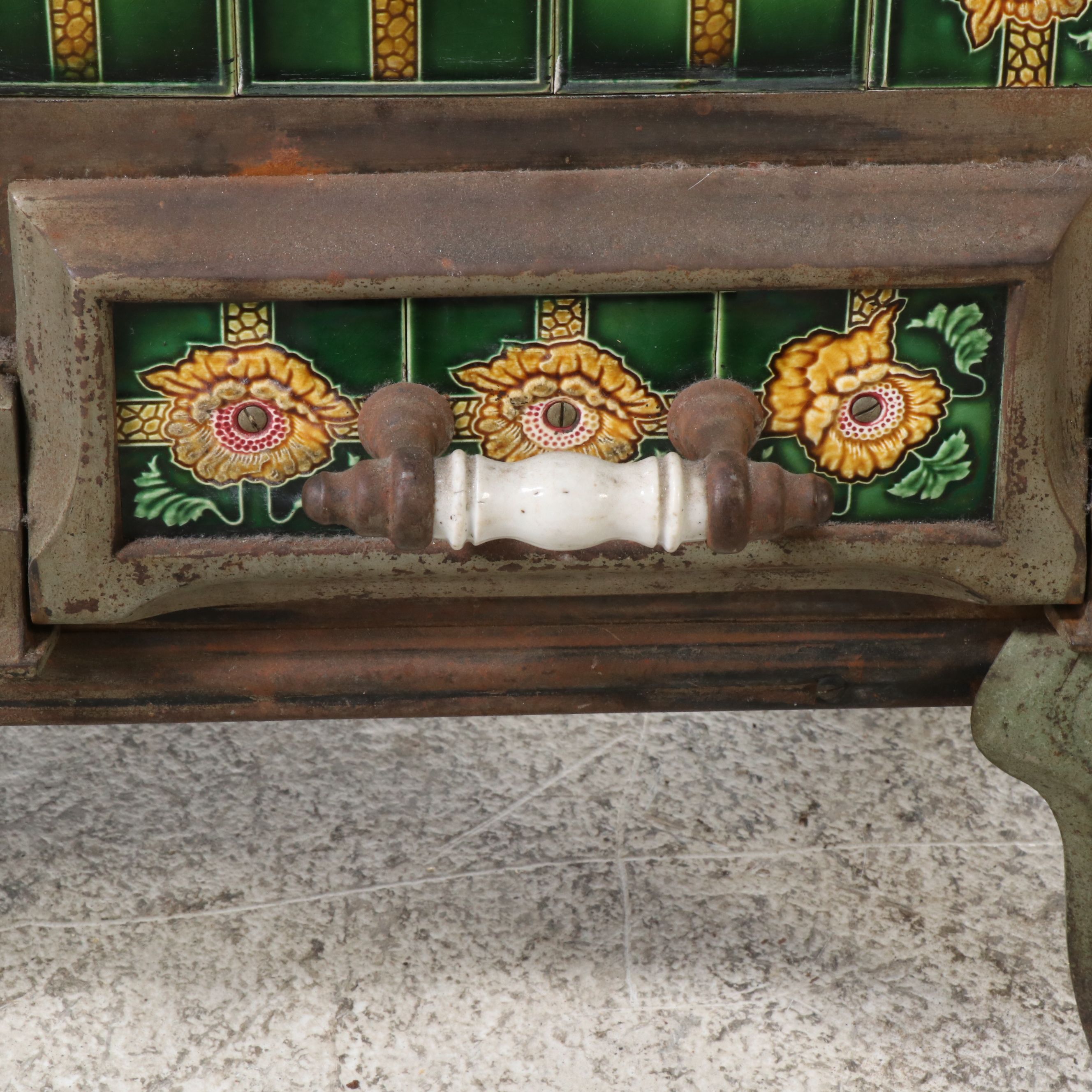 European Art Nouveau Style Cast Metal Stove with Majolica Tiles