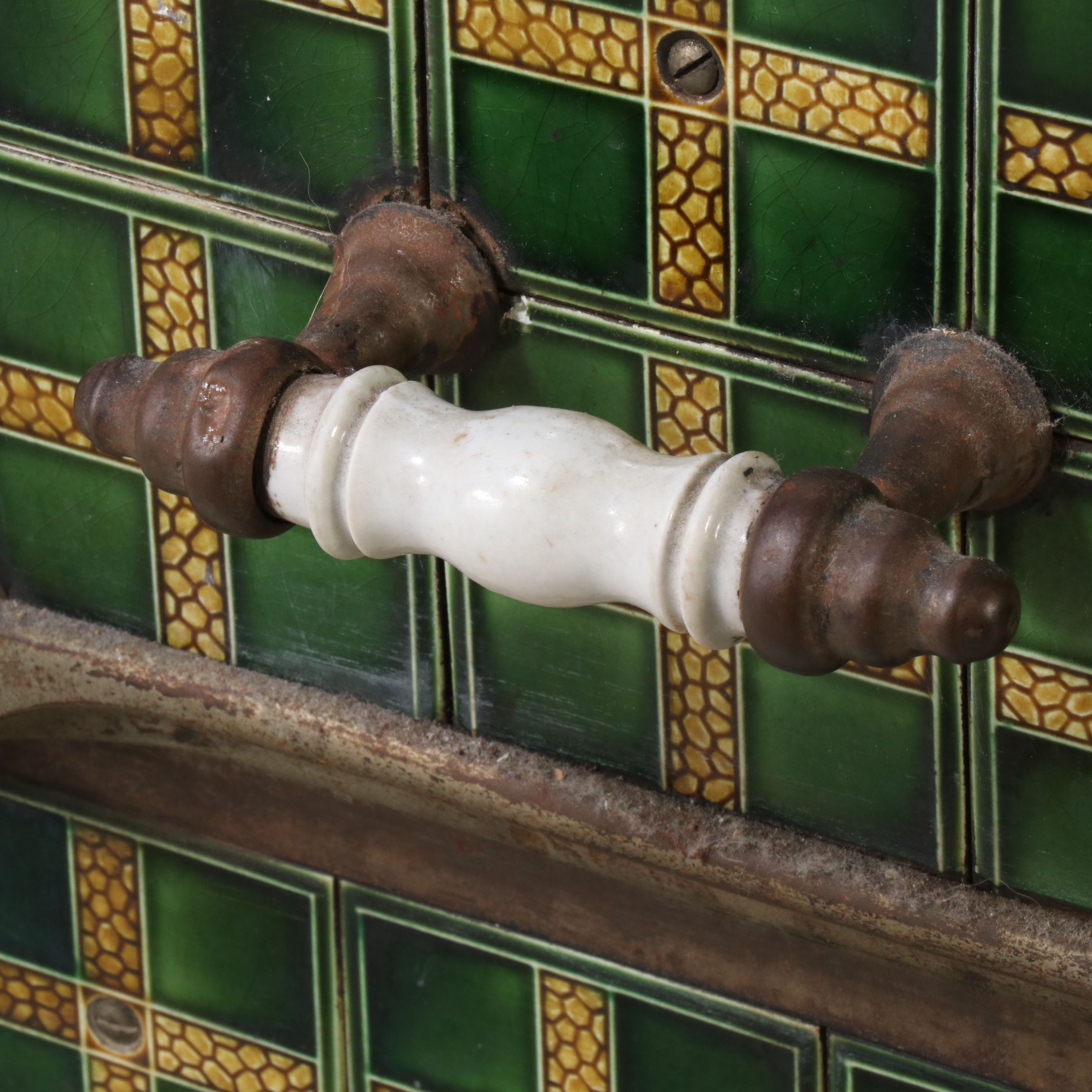 European Art Nouveau Style Cast Metal Stove with Majolica Tiles