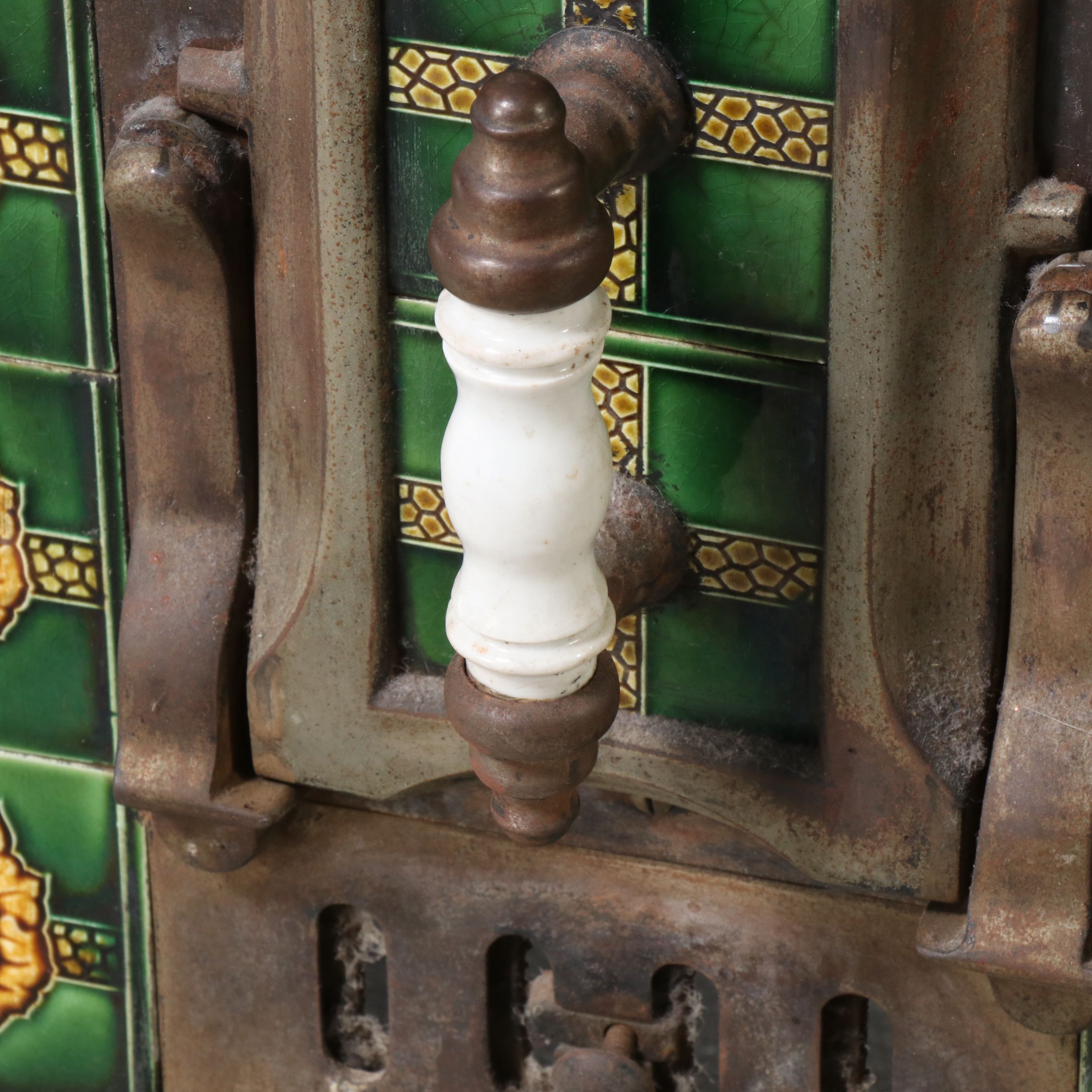 European Art Nouveau Style Cast Metal Stove with Majolica Tiles