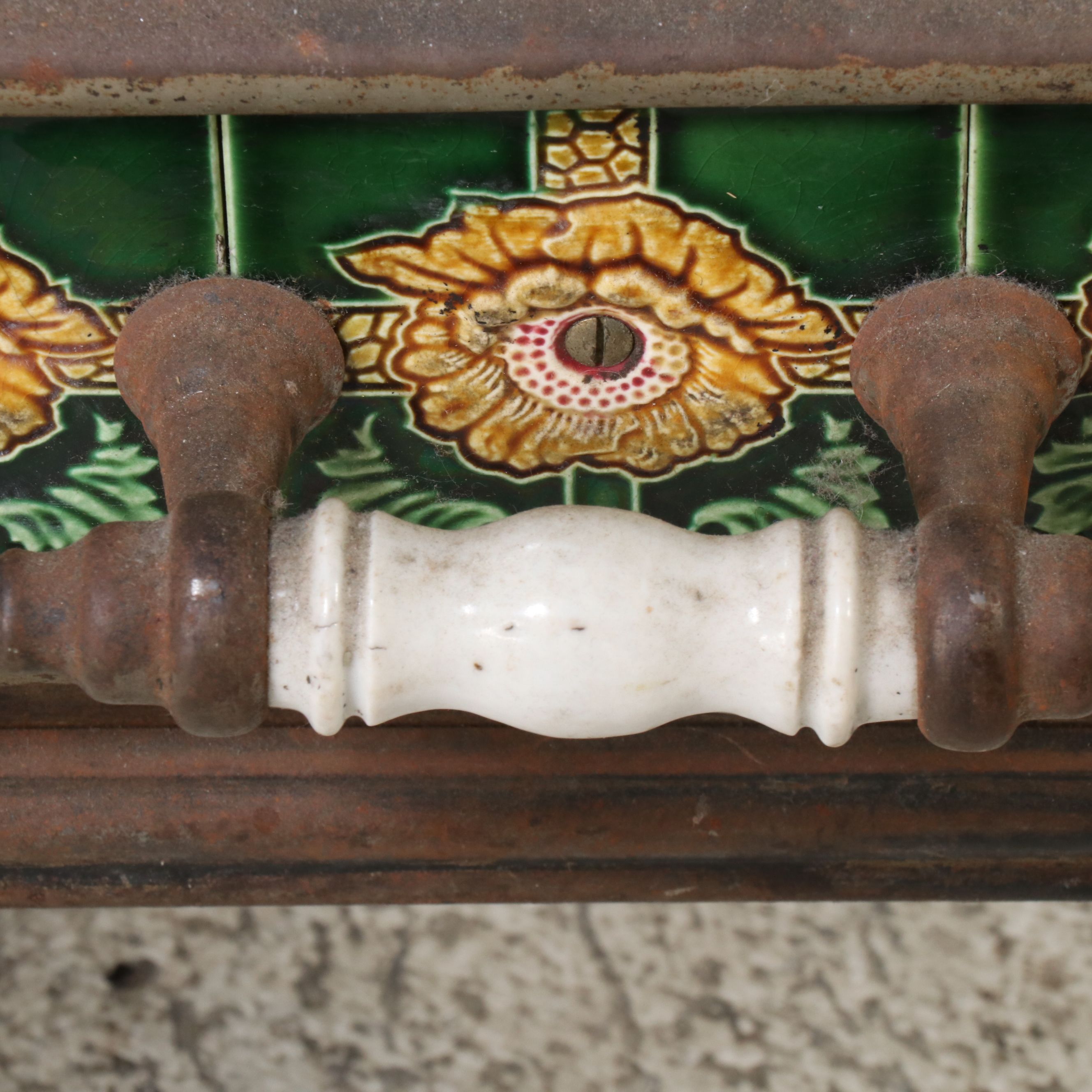 European Art Nouveau Style Cast Metal Stove with Majolica Tiles