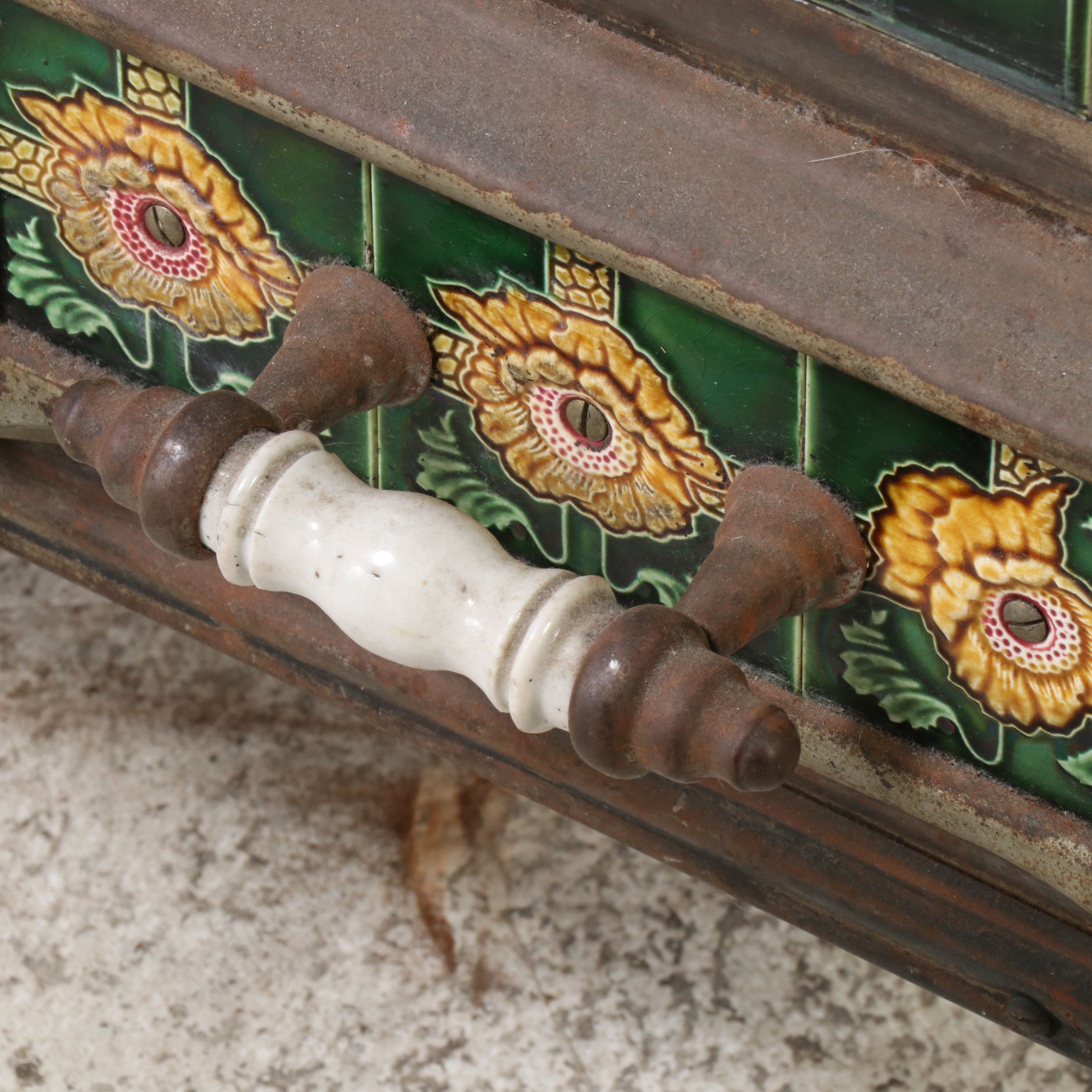 European Art Nouveau Style Cast Metal Stove with Majolica Tiles