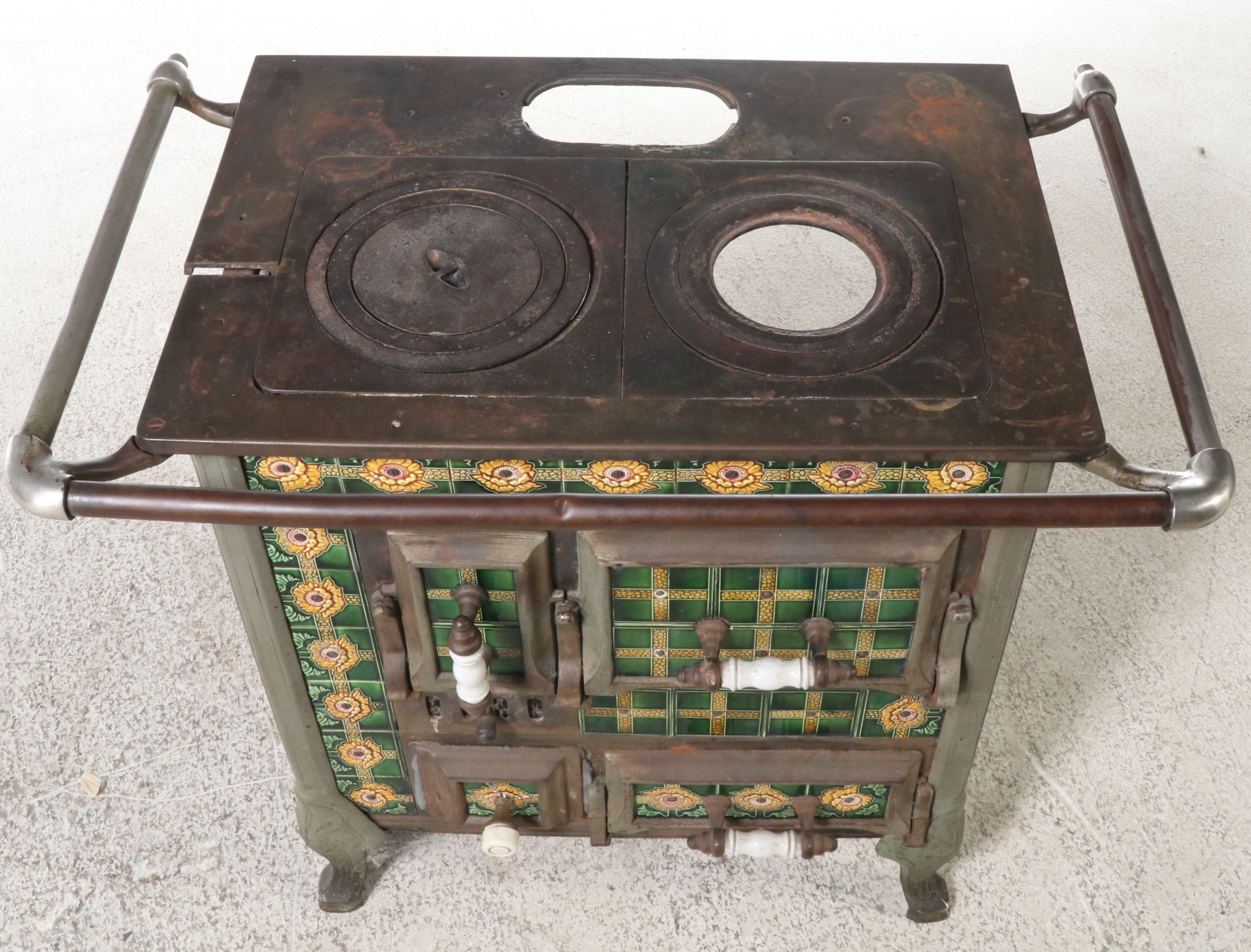 European Art Nouveau Style Cast Metal Stove with Majolica Tiles