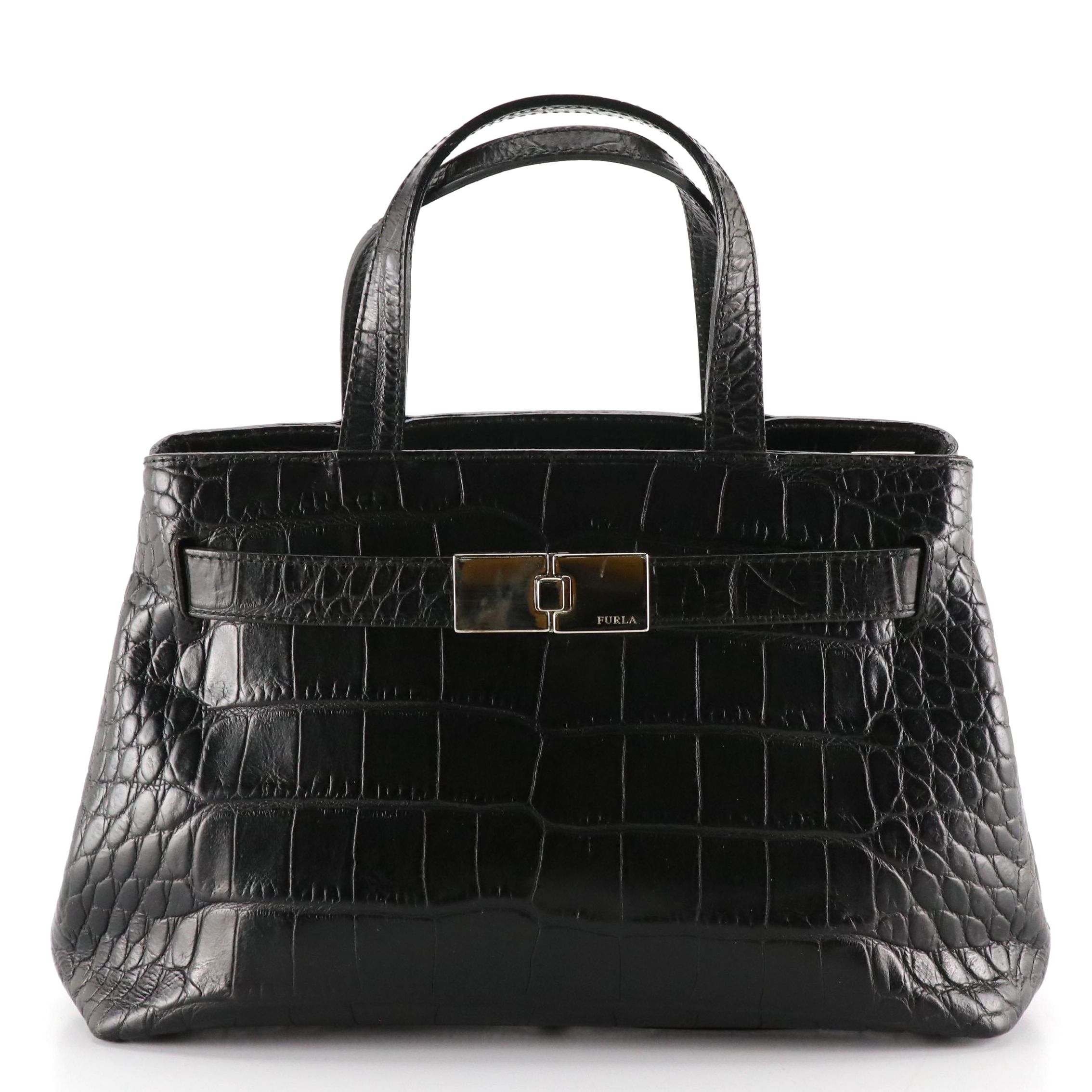 Furla Black Croc Embossed Leather Handbag