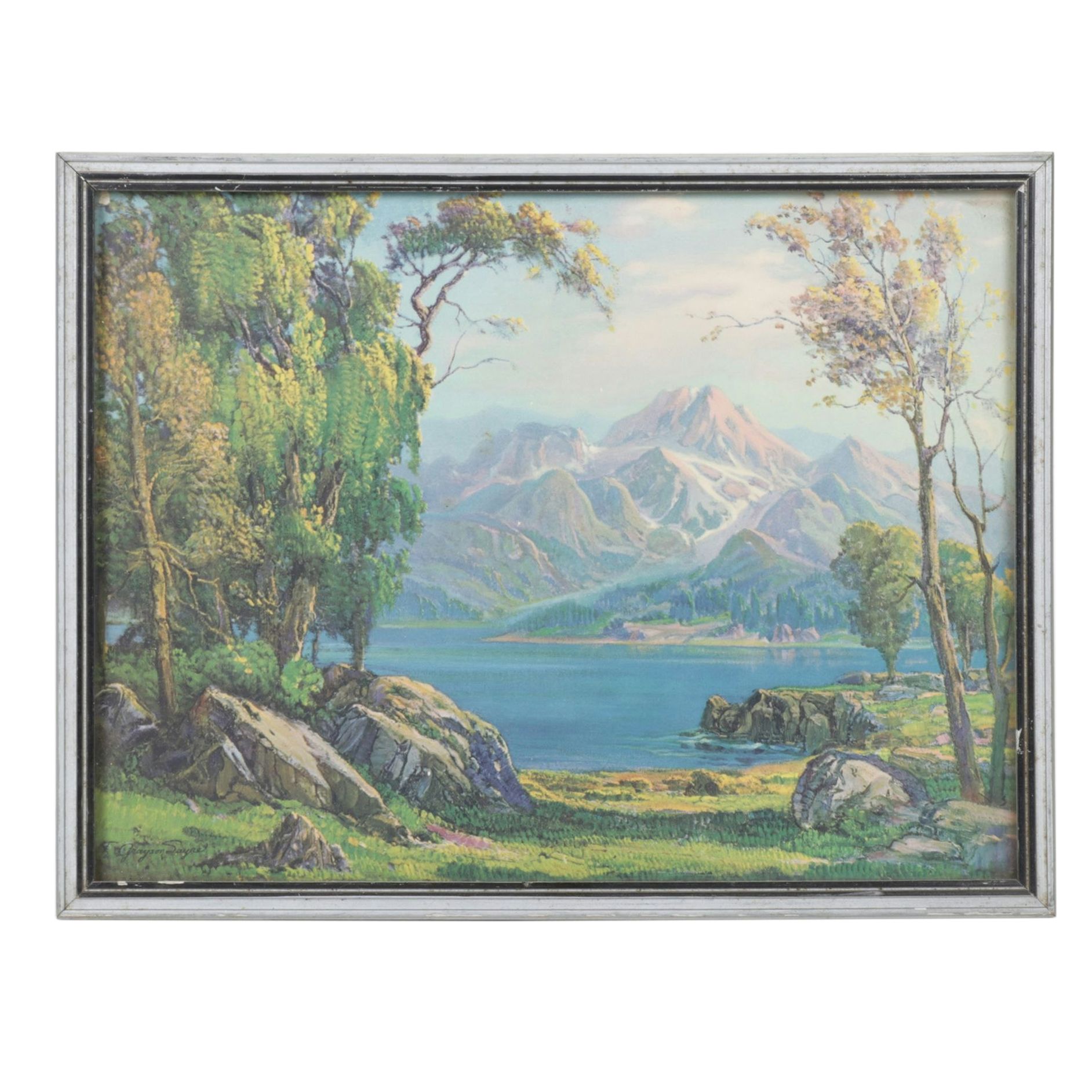 Offset Lithograph Alpine Lake Landscape After Fred Grayson Sayre
