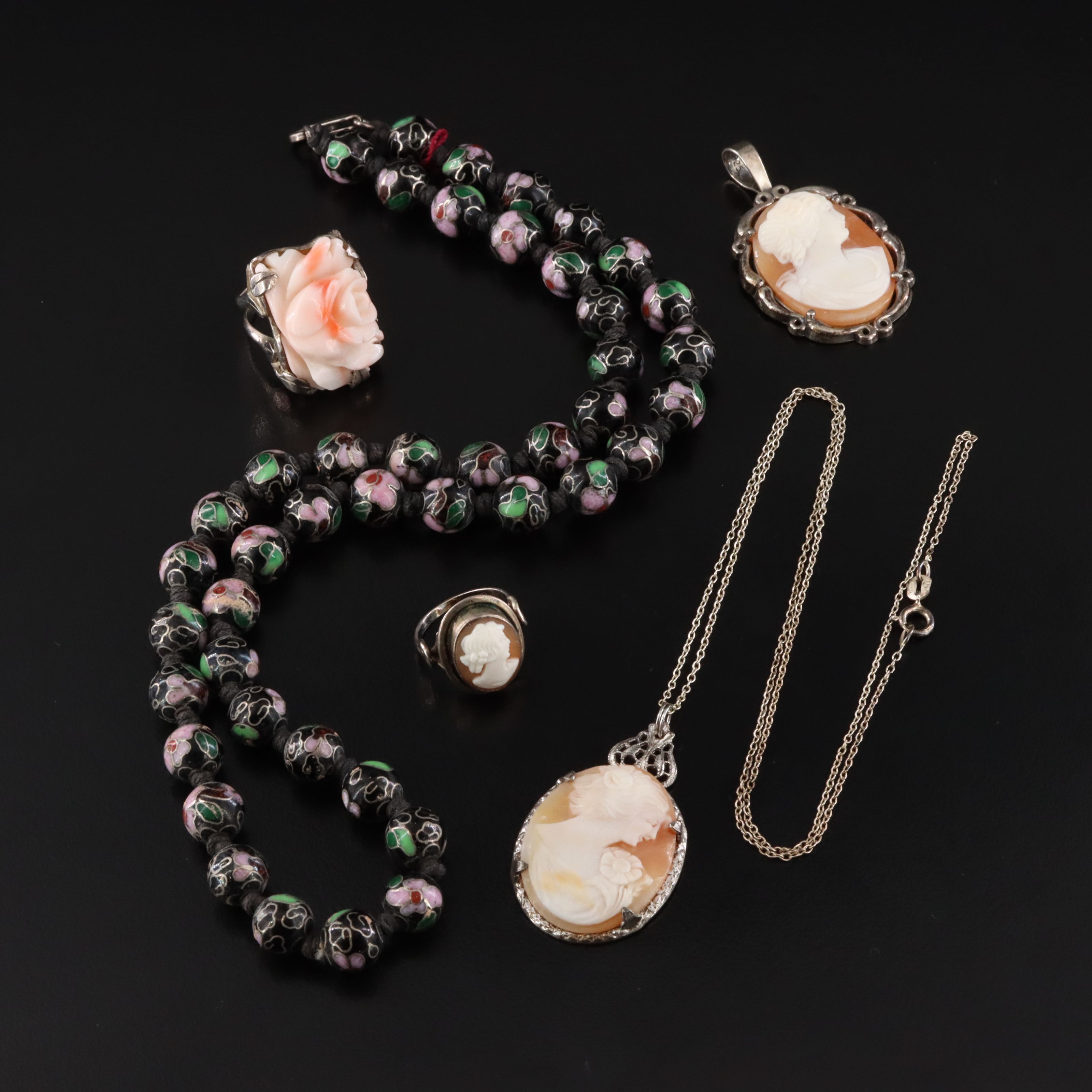 Cloisonné, Shell Cameos and Coral Featured in Sterling Jewelry