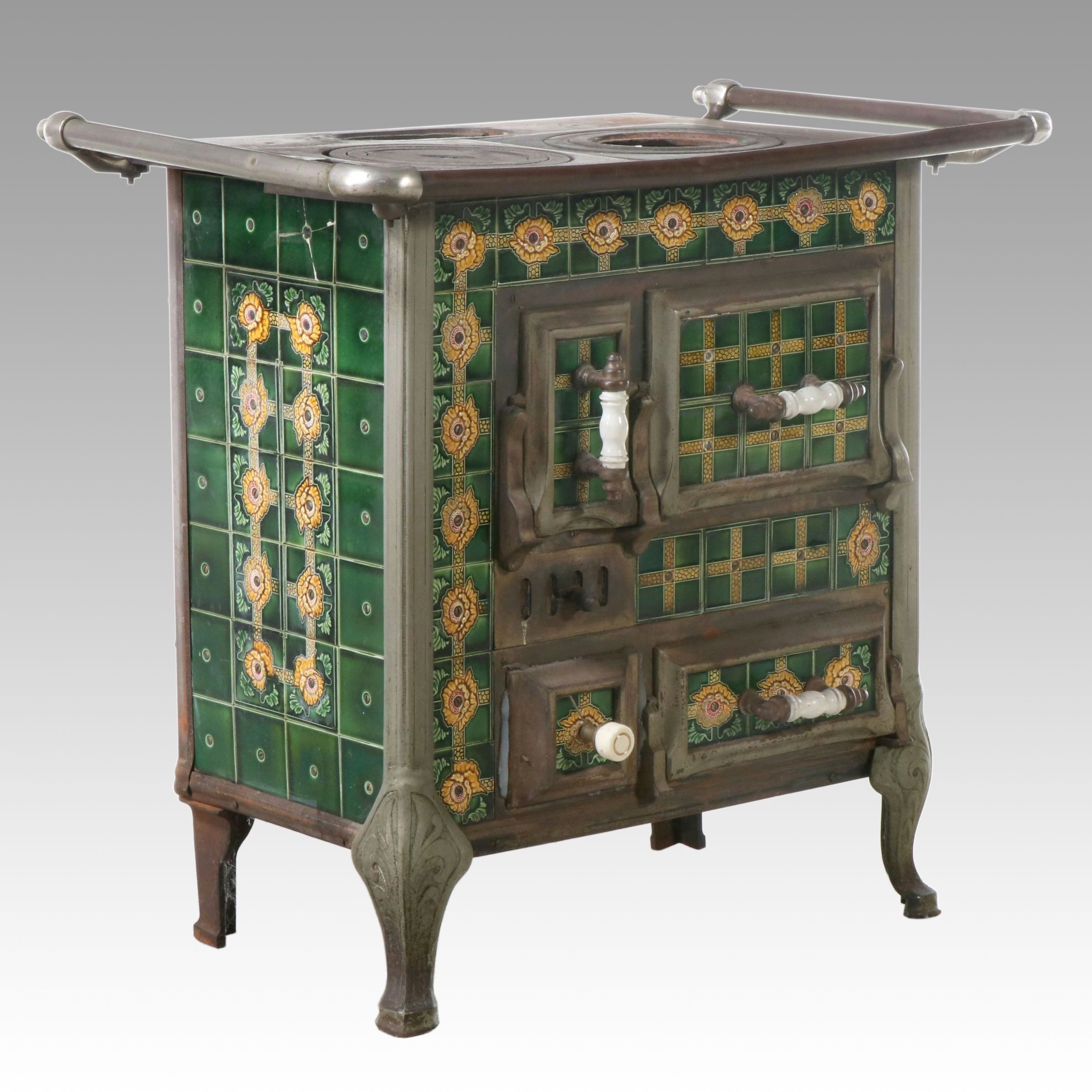 European Art Nouveau Style Cast Metal Stove with Majolica Tiles